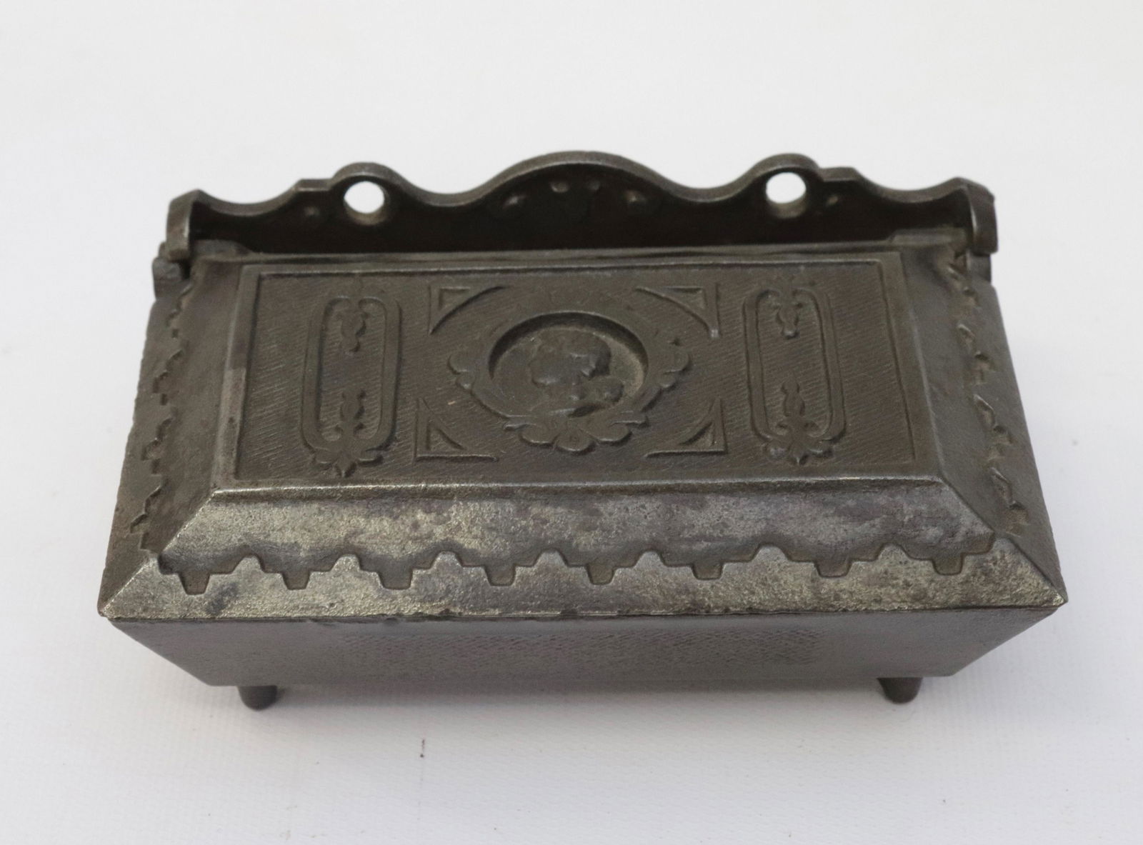 CAST IRON LIDDED MATCH SAFE: WALL OR TABLE PLACEMENT. DATED 1872 2" X 5" X 3"