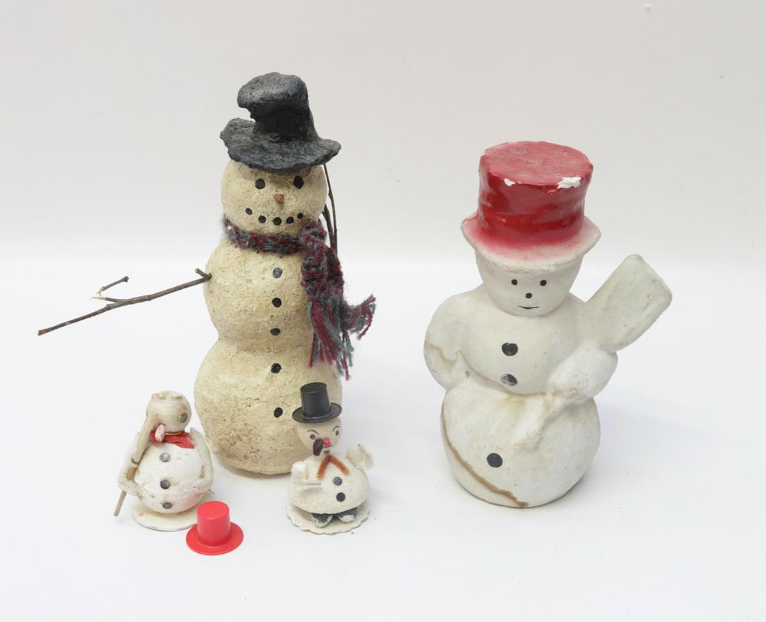 GROUP LOT OF HOLIDAY SNOWMEN: (4) TOTAL. TWO MRKD. JAPAN 2 1/2" TO 8" H