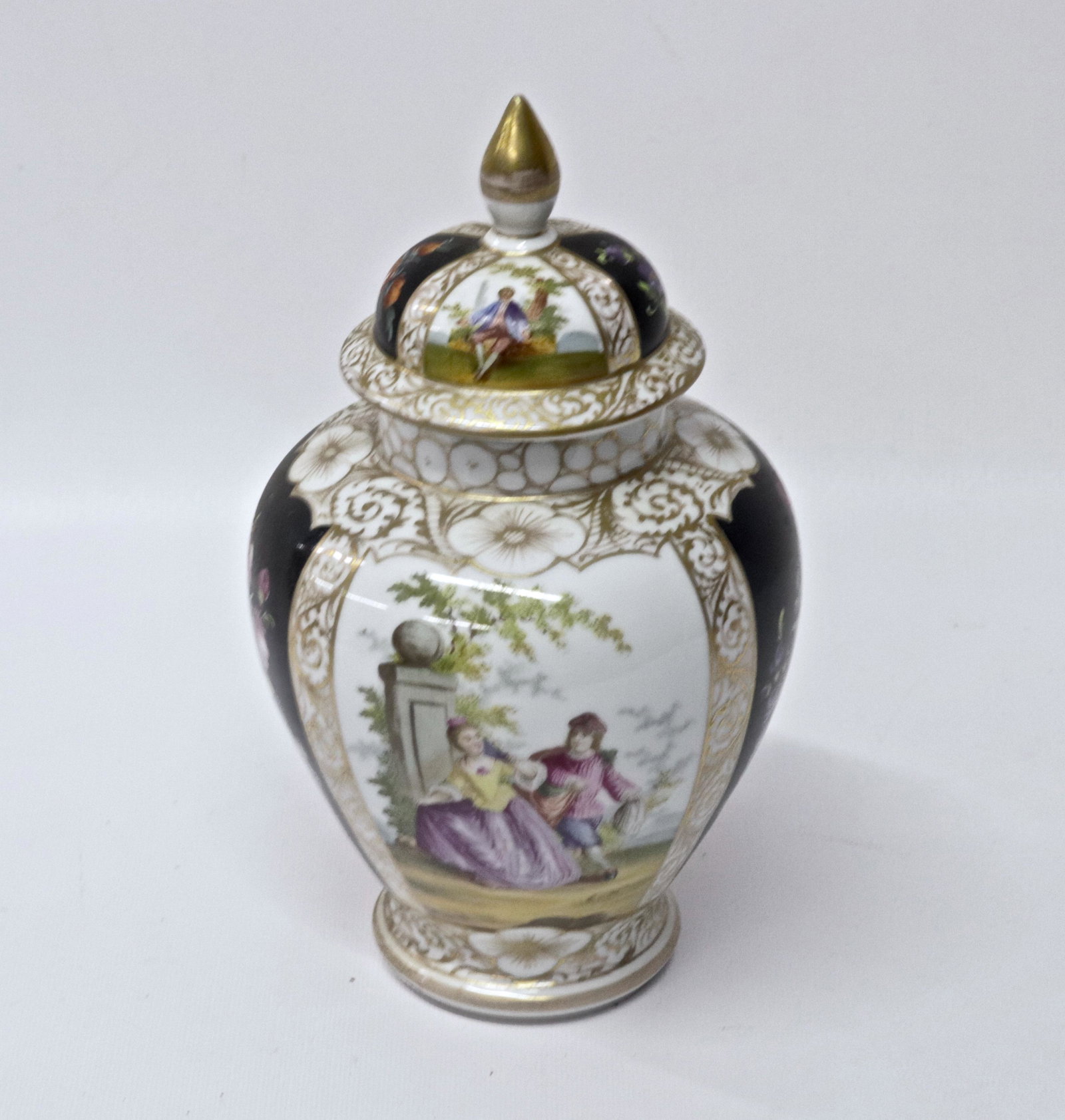 PORCELAIN HAND PAINTED JAR WITH LID: MARKED DRESDEN ON BOTTOM 9" H