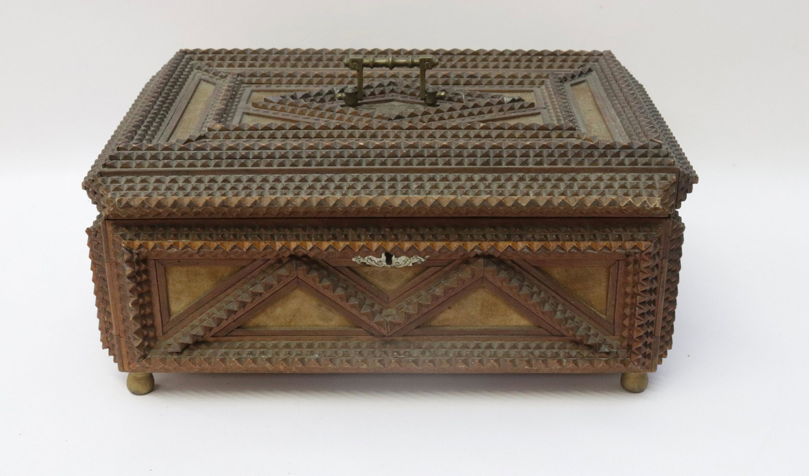 TRAMP ART CARVED BOX: HINGED LID WITH MIRROR INSERT. CHIP CARVED 6" X 13" X 9"