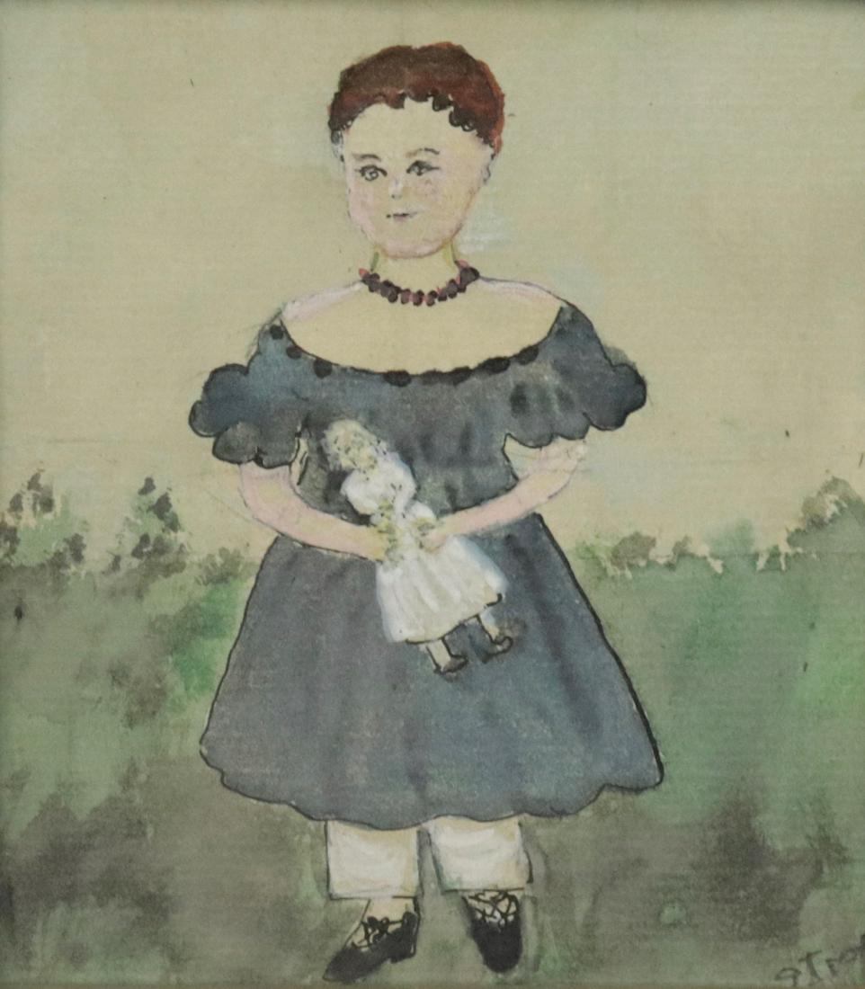 FRAMED WATERCOLOR OF YOUNG GIRL WITH DOLL: WATERCOLOR, INK AND PASTEL. SGND. S. IRONS 6 3/4" X 6"