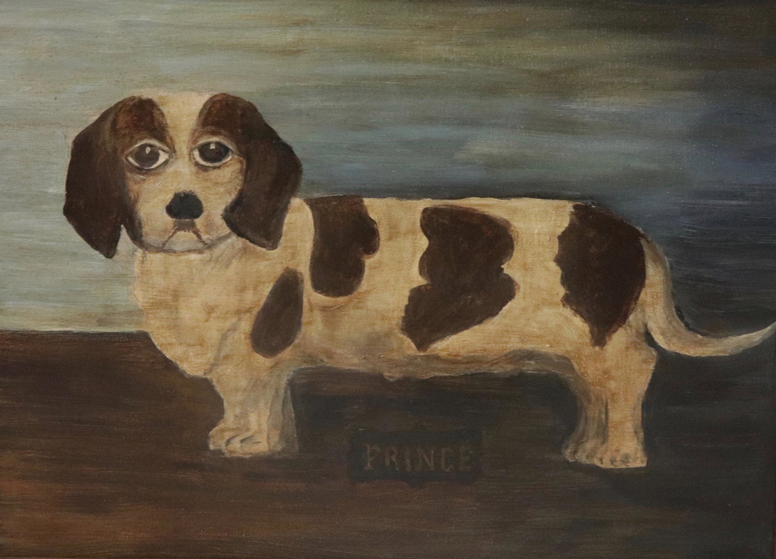 FRAMED OIL ON CANVAS: PRIMITIVE SPOTTED DOG. SGND. S. IRONS 14 3/4" X 18 3/4"