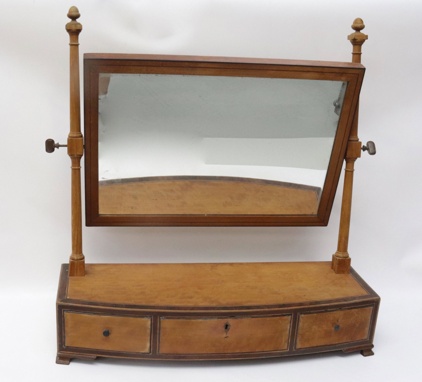 ANTIQUE GENTLEMAN'S VANITY MIRROR: SWIVEL MIRROR OVER THREE DRAWERS 25" L X 7" D