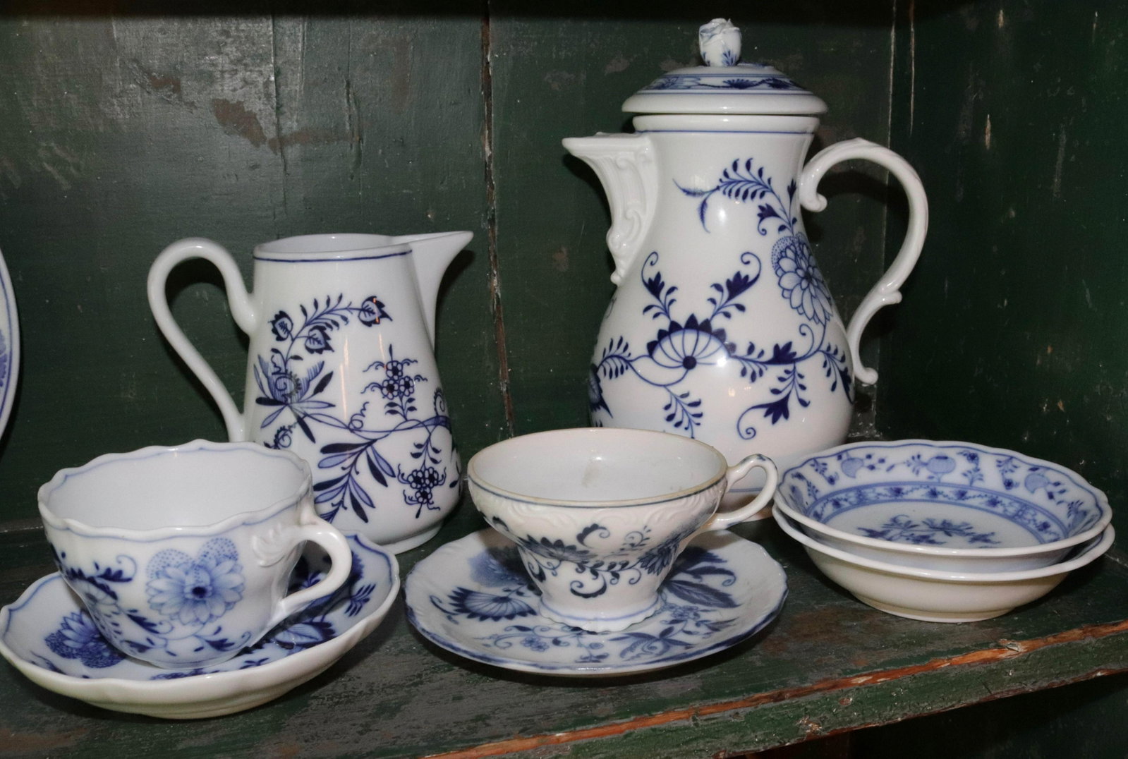 MEISSEN PORCELAIN LOT: (8) PIECES INCLUDING - TEAPOT AND CUP AND SAUCER WITH CROSS SWORD MARKINGS - ALL OTHER PIECES HAVE MEISSEN MARK IN CIRCLE TEA POT 8 3/4" H