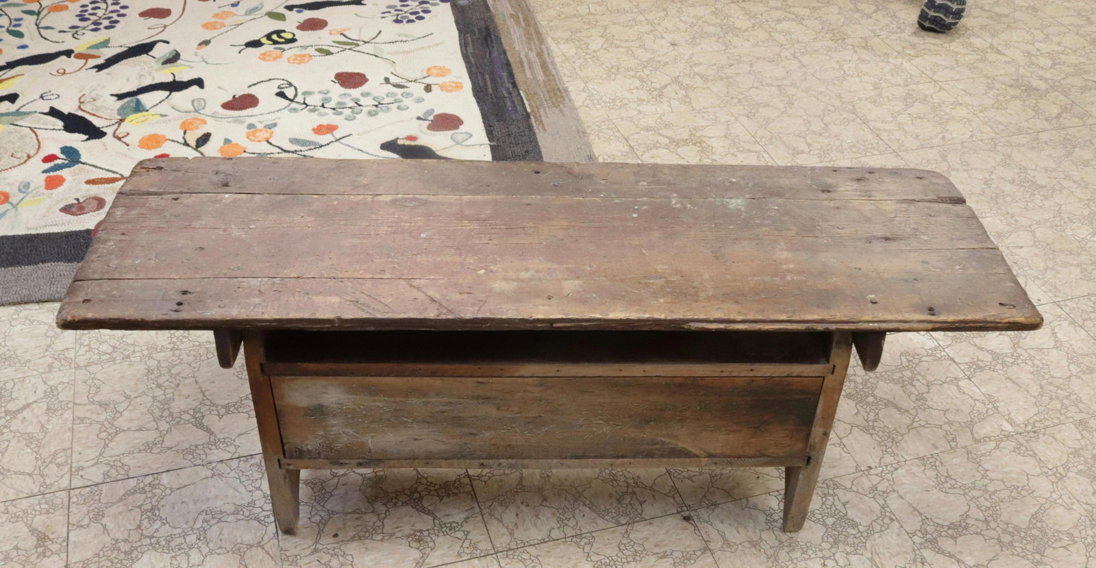 OLD WOODEN TABLE SEAT: SMALL SIZE. TOP FLIPS TO REVEAL SEAT 17" H X 47" X 16"