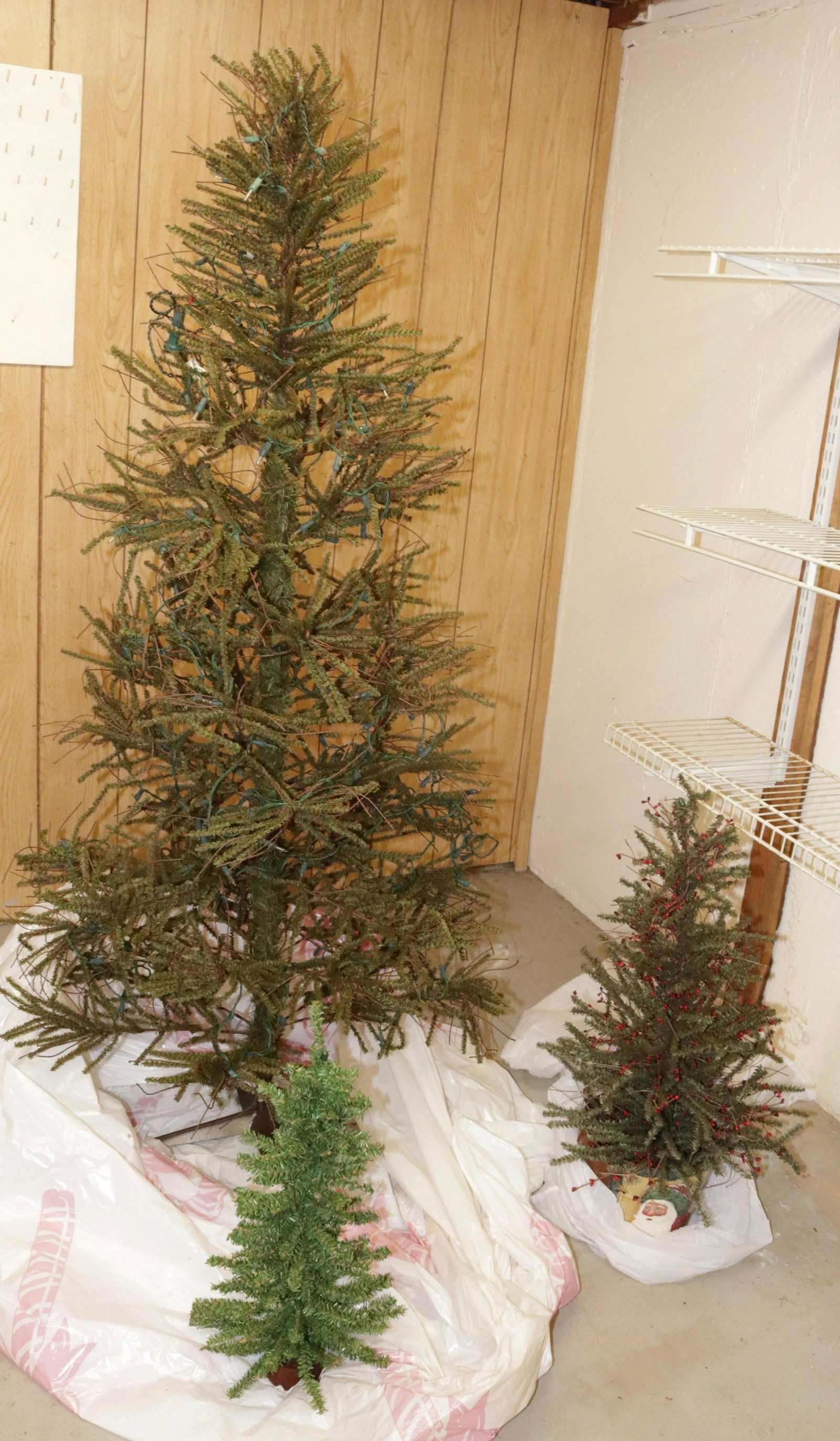 GROUP OF DECORATIVE CHRISTMAS TREES: ONE HAS LIGHTS 24" TO 68" H