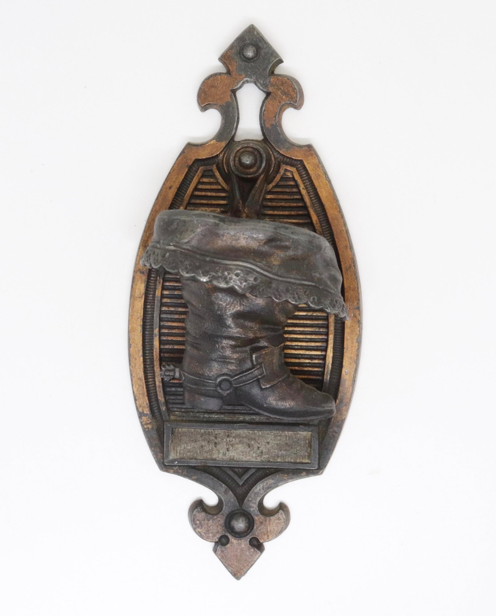 CAST METAL HANGING MATCH HOLDER: BOOT FORM MOUNTED ON BACKING. PAINTED SURFACE 8" L