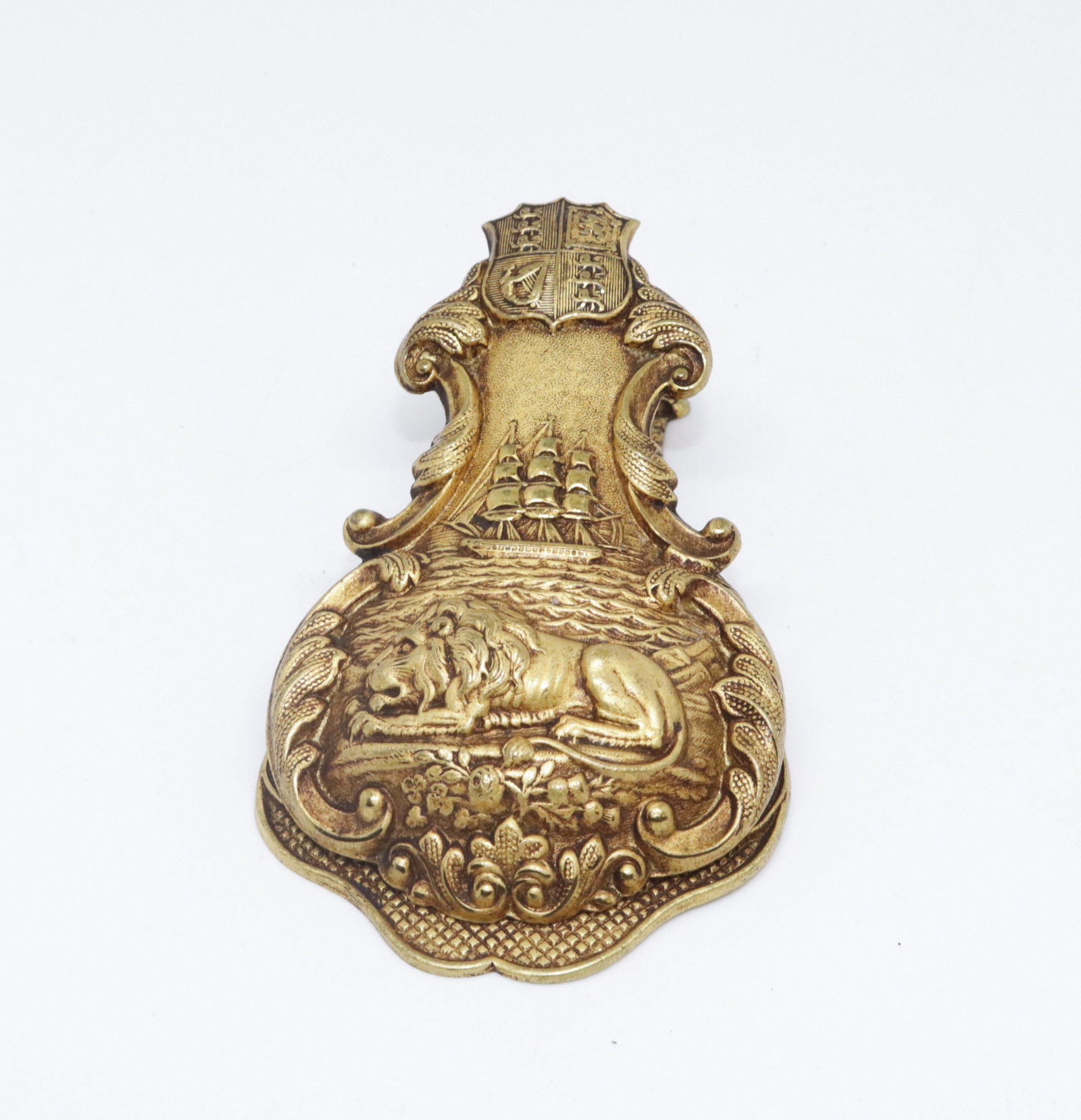 BRASS BILL CLIP: FINELY DETAILED CLIP WITH LION, SHIP AND SHIELD 4.5" L