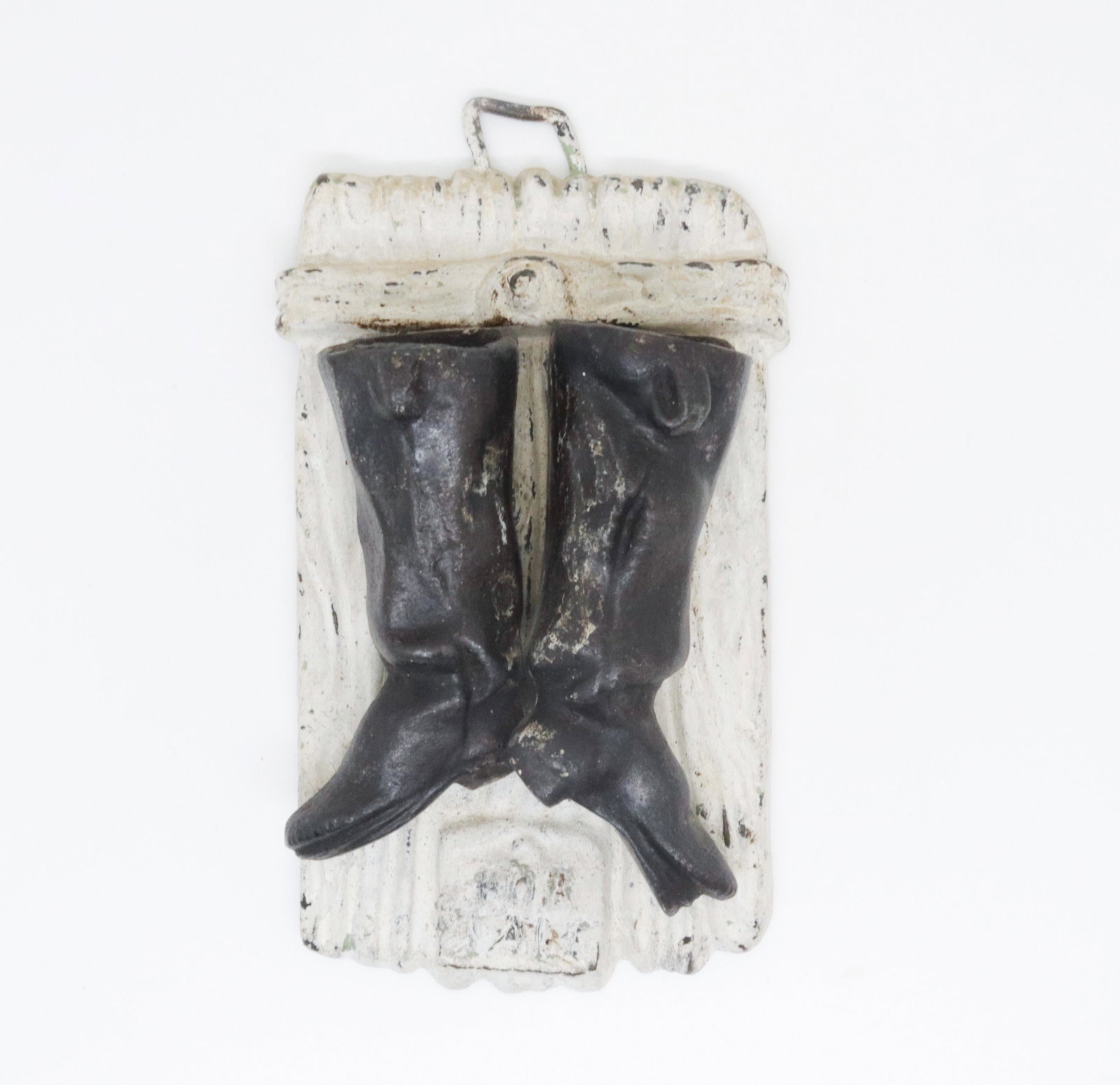 PAINTED CAST IRON HANGING MATCH HOLDER: TWO BOOTS HANGING ON WALL. READS "FOR SALE" BELOW 6.5" L