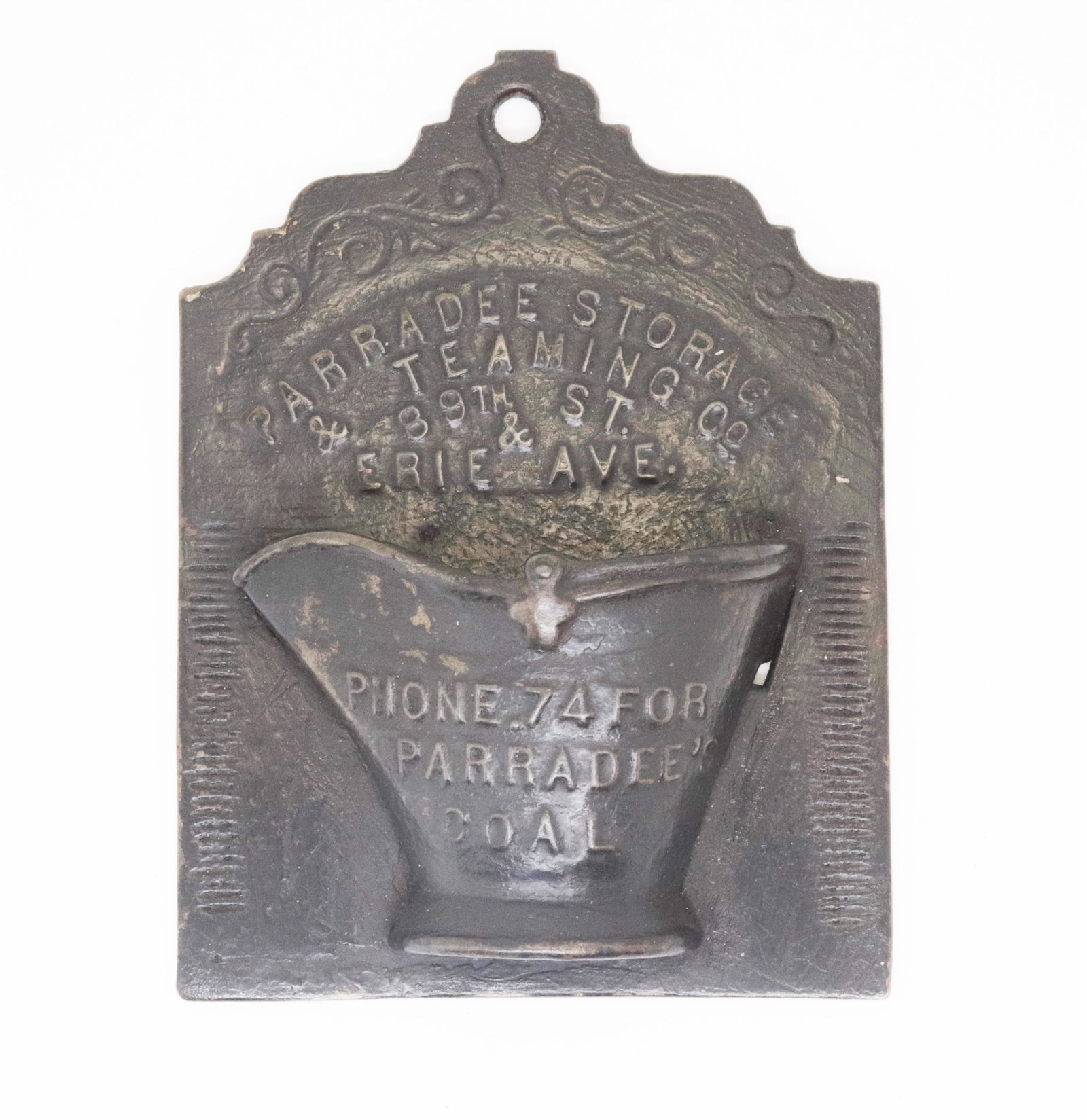 PAINTED CAST IRON HANGING MATCH HOLDER: COAL SCUTTLE ON BACKING. READS "PARRADEE STORAGE & TEAMING CO...PHONE 74 FOR PARRADEE'S COAL" PAINTED SURFACE 5.25" L