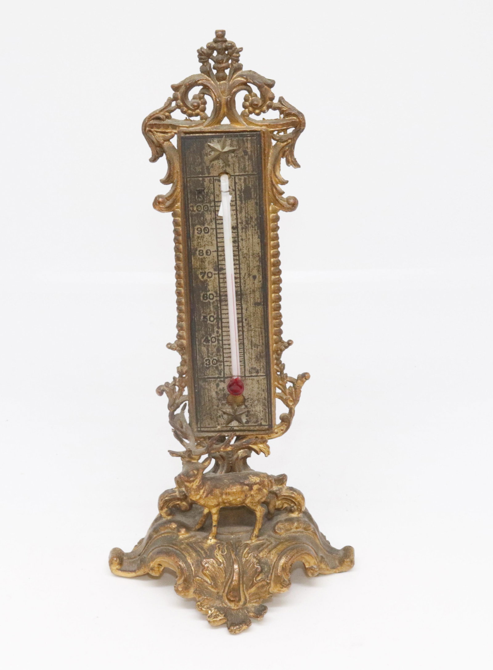 PAINTED METAL THERMOMETER: GOLD PAINT WITH STAG ON BASE 7.5" H