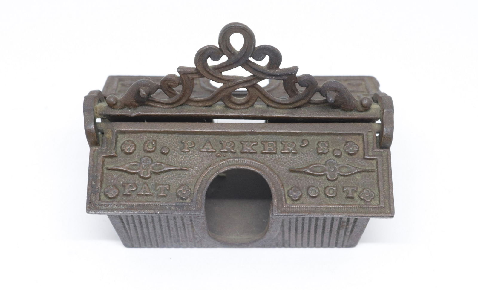 CAST IRON LIFT LID MATCH HOLDER: C. PARKER'S PAT. MAY 3, 1870 3" X 3.75" X 2.5"