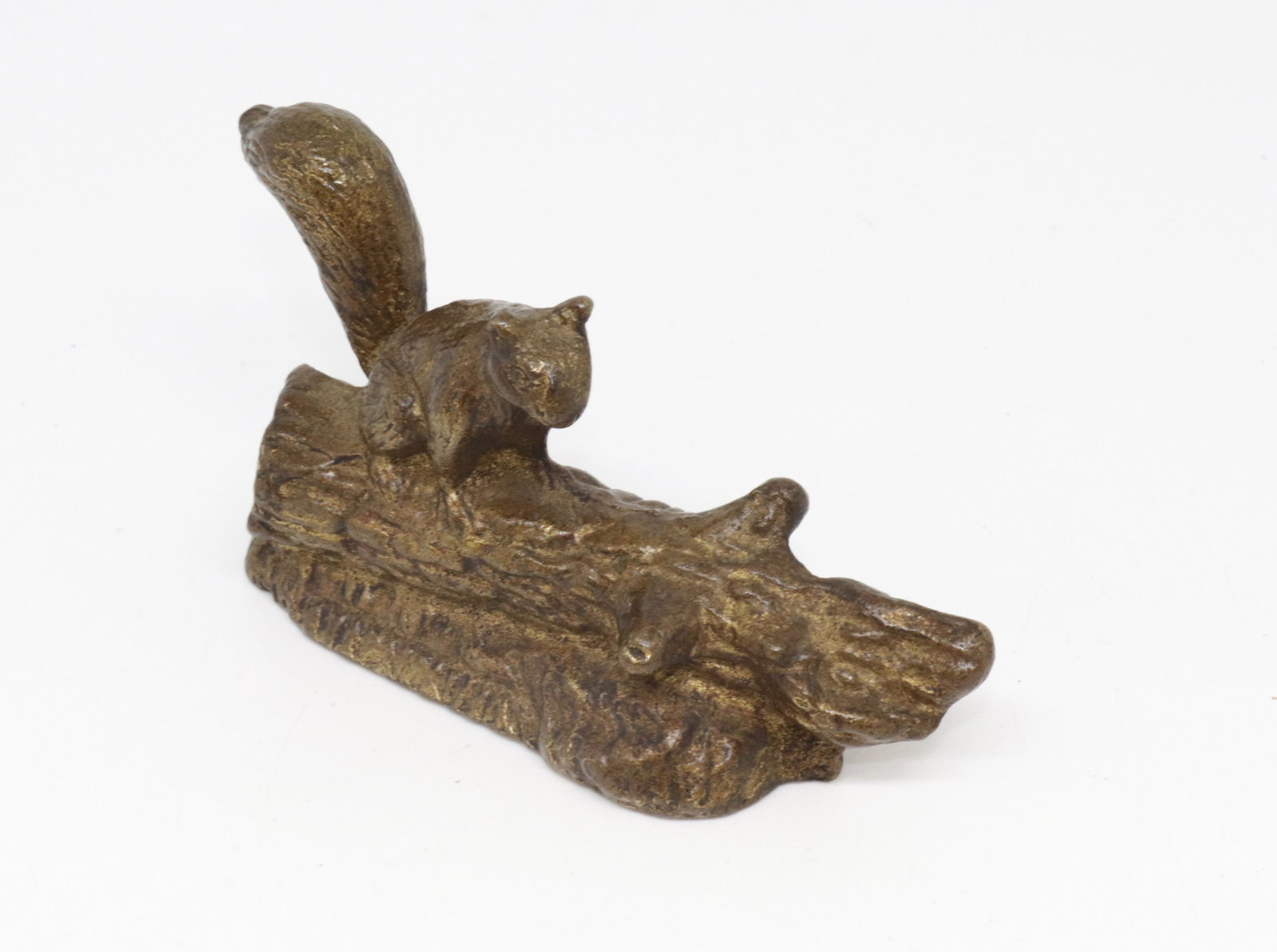 BRASS SQUIRREL PAPERWEIGHT: SQUIRREL ON LOG 2.5" X 4.25"
