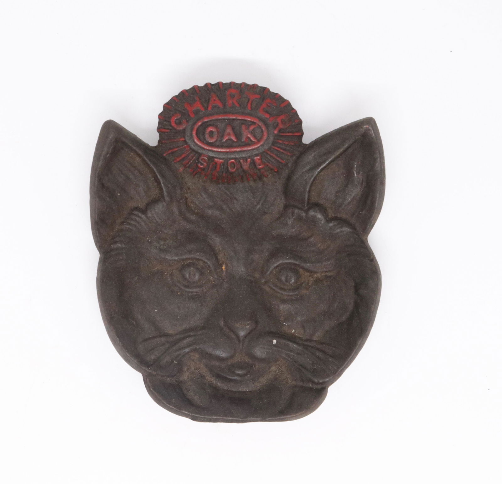 CAST IRON ADVERTISING TRAY: CHARTER OAK STOVE. CAT FACE. PAINT HIGHLIGHT 4.5" X 4"