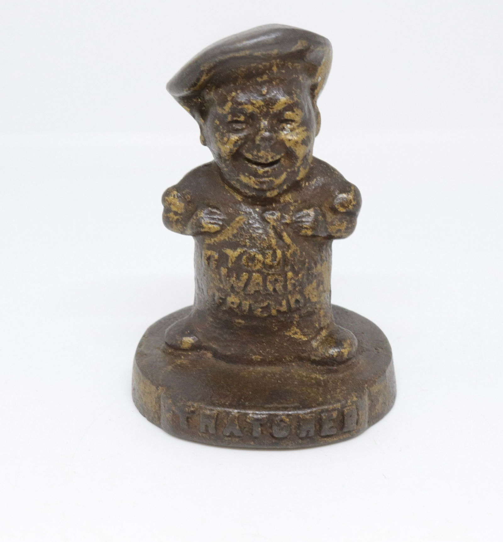 PAINTED CAST IRON ADVERTISING PAPERWEIGHT: PAINTED BAKER MRKD. YOUR WARM FRIEND, THATCHER BOILERS, RANGES, FURNACES 3.25" H