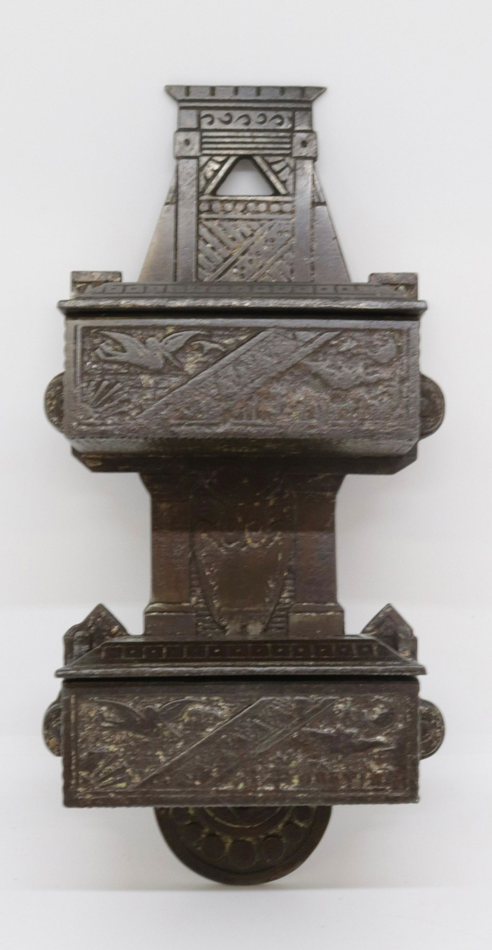 CAST IRON VICTORIAN MATCH SAFE: EASTLAKE STYLE WITH TWO LIDDED COMPARTMENTS. STORK, OWL, MOON, STAR, BAT MOTIF 7.75" H