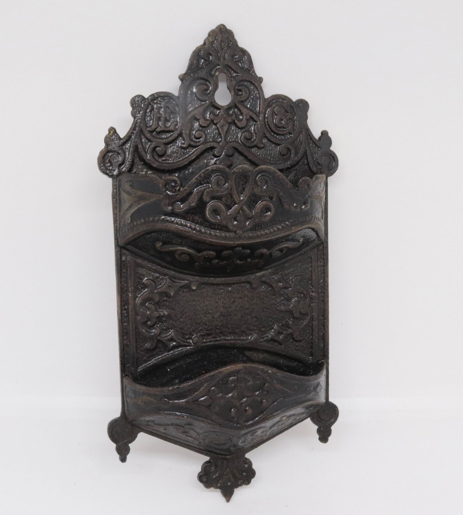 CAST IRON VICTORIAN MATCH HOLDER: HANGING STYLE. PAINTED BLACK. 7.5" H