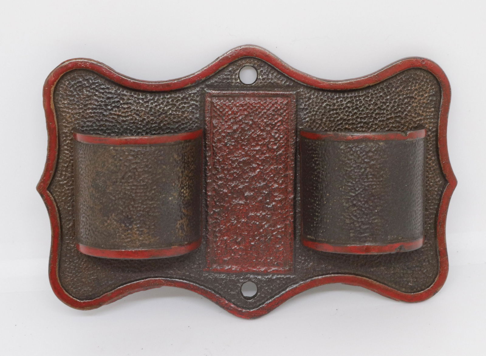 PAINTED CAST IRON MATCH HOLDER: HANGING STYLE. RED HIGHLIGHTS 3.5" X 5.5"