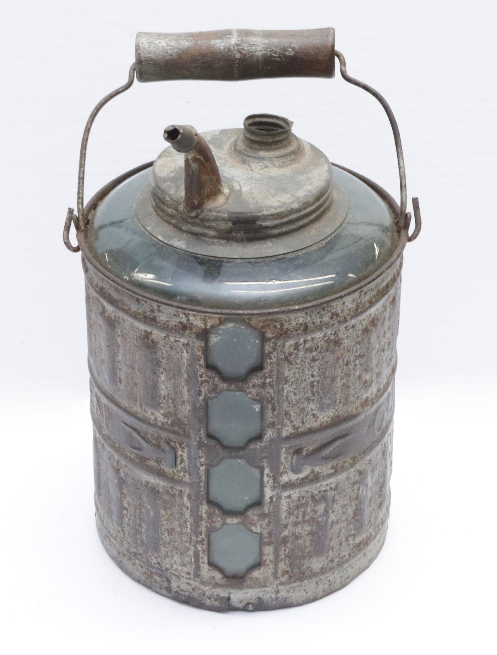 GLASS KEROSENE JUG: TIN SLEEVE MRKD. QUEEN 1878 9" H