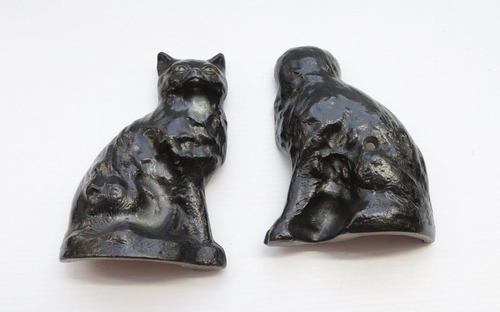 CAST IRON CAT DOORSTOP: TWO-PIECE. PAINTED SURFACE. MRKD. 402 INTERIOR 9" H