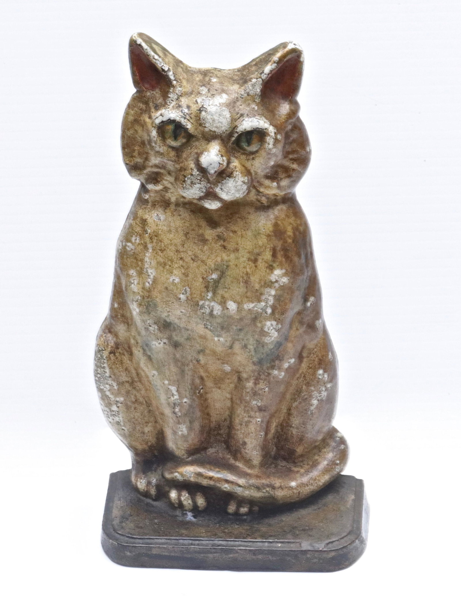 CAST IRON CAT DOORSTOP: SITTING CAT ON BASE. PAINTED SURFACE 10.5" H