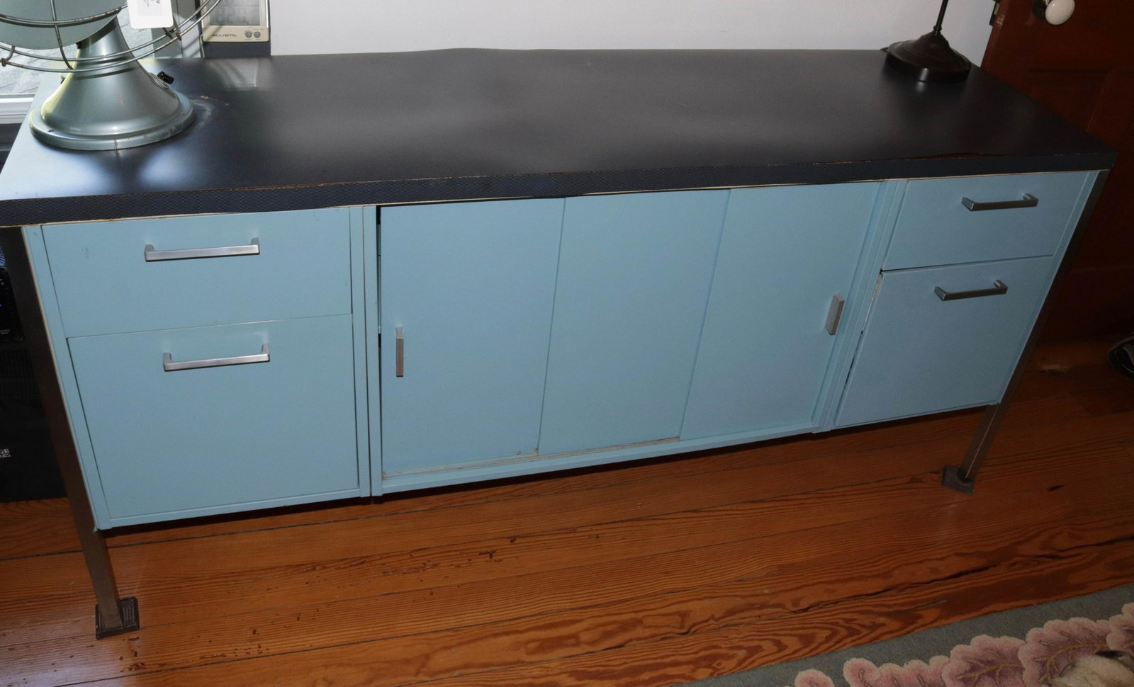 VINTAGE METAL CREDENZA: 4 DRAWERS AND (2) SLIDING DOORS Size: 29" X 62" X 18"