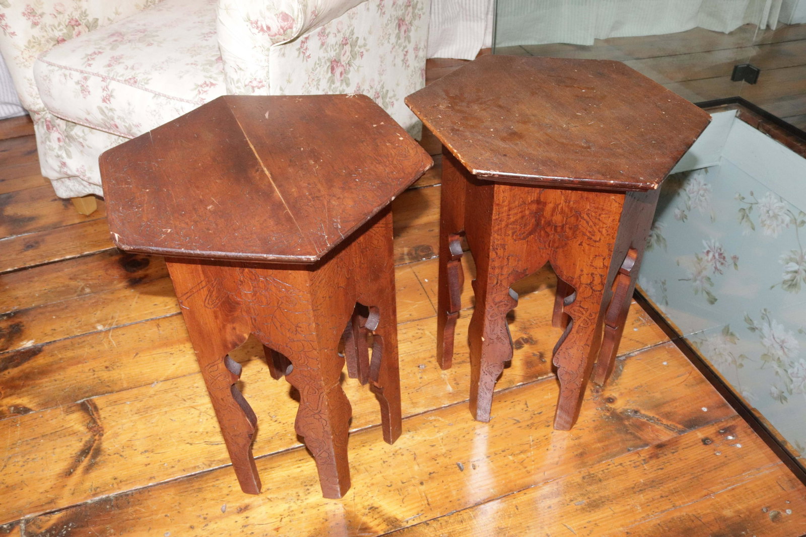 PR. OF TAMBOUR TABLES: OAK TABLES WITH INCISED DECORATIONS Size: 21" X 17" X 15"