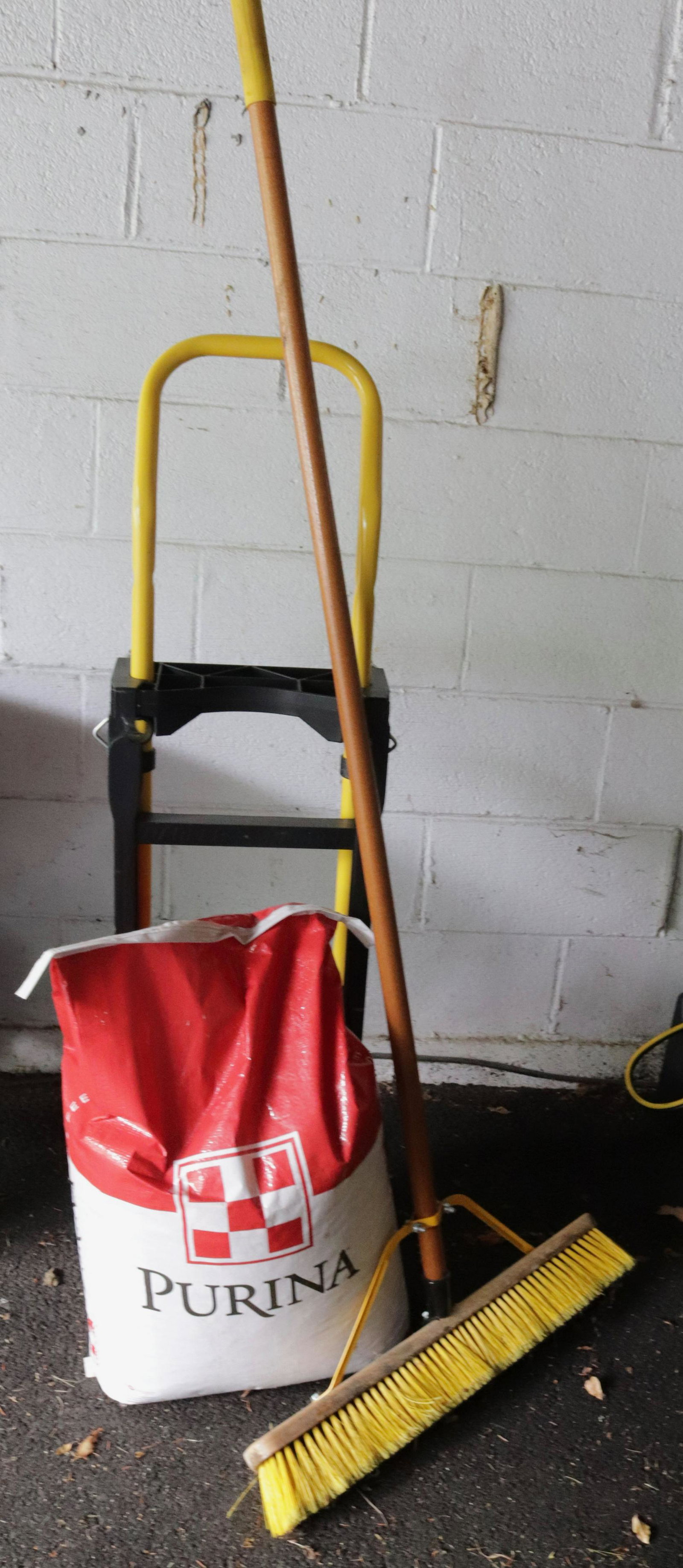 HAND CART, PURINA FOOD AND BROOM: PET FOOD AND - CART AND GARAGE BROOM