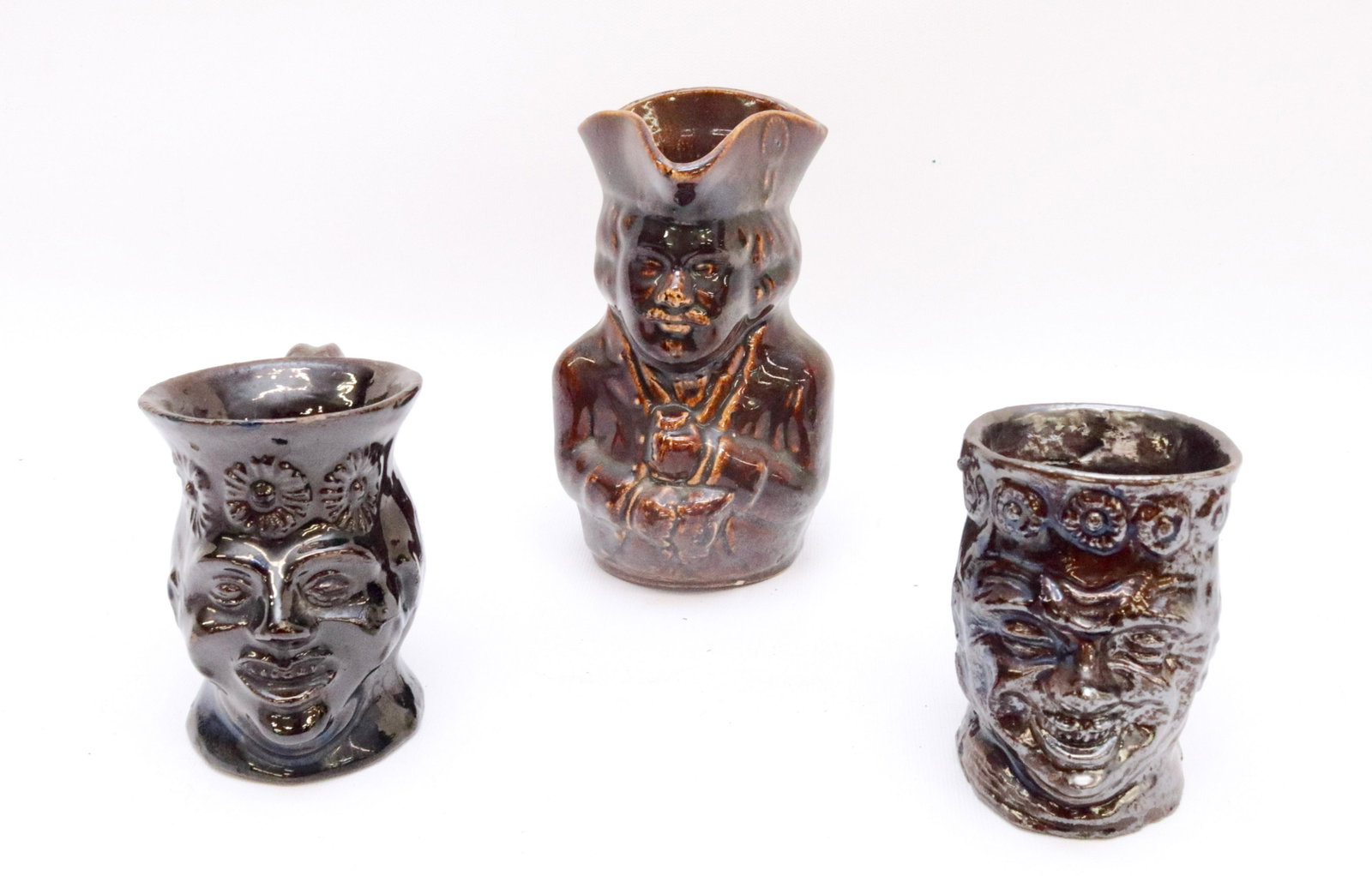 GROUP LOT OF TOBY MUGS: (3) DARK BROWN GLAZE 4" TO 6" H