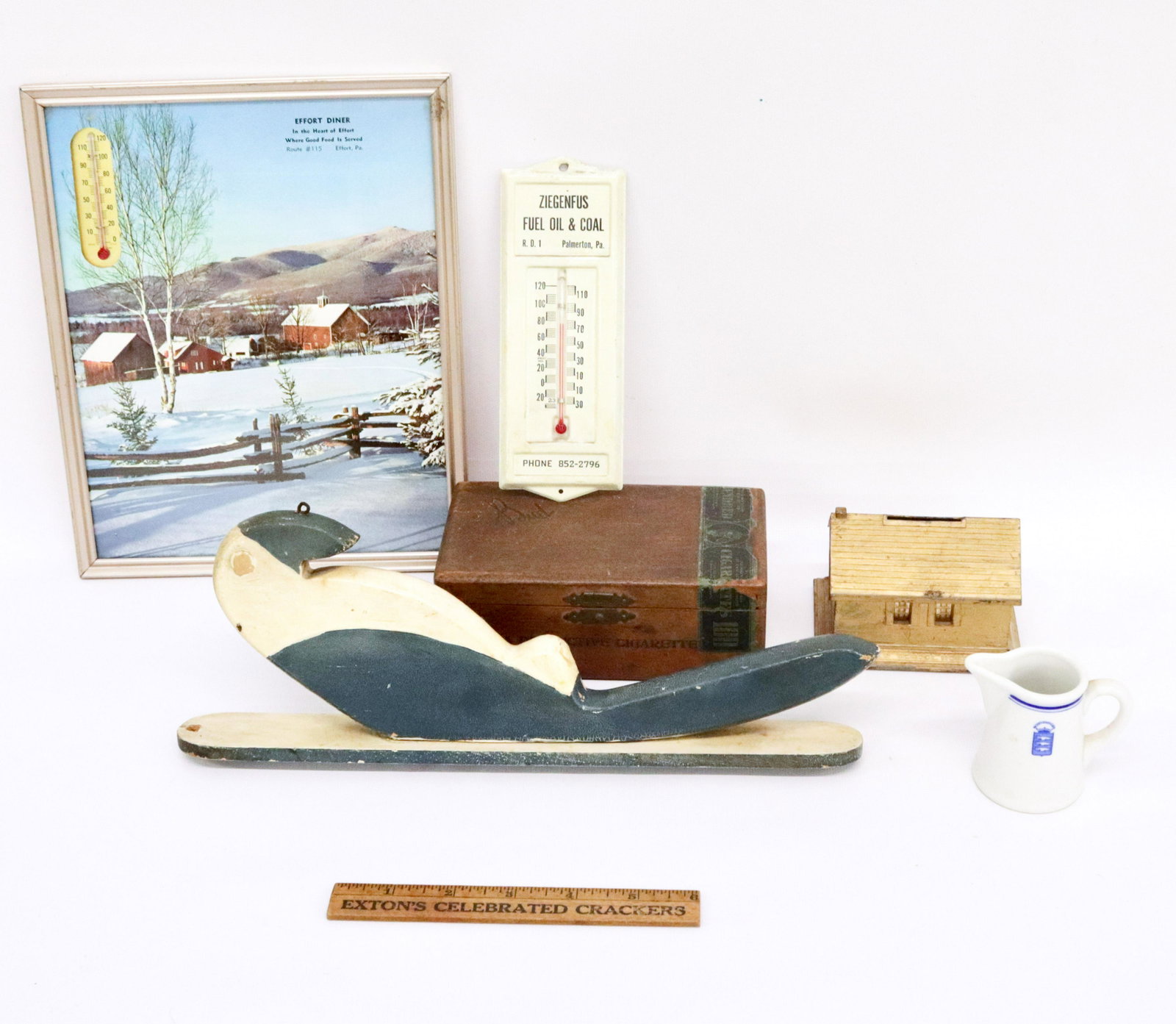 GROUP LOT OF ADVERTISING AND MORE: EFFORT DINER THERMOMETER, ZIEGENFUS FUEL&COAL THERMOMETER, EXTON'S CRACKERS RULER AND MORE THERMOMETER IS 10" X 8"