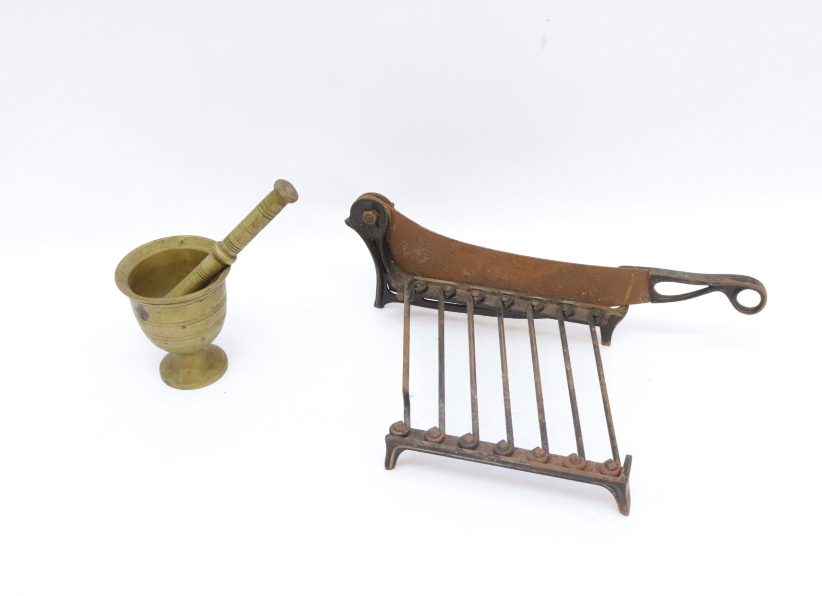 BRASS MORTAR & PESTLE AND IRON CHOPPER: CHOPPER BASE IS COLLAPSIBLE CHOPPER IS 14.5" TOTAL LENGTH