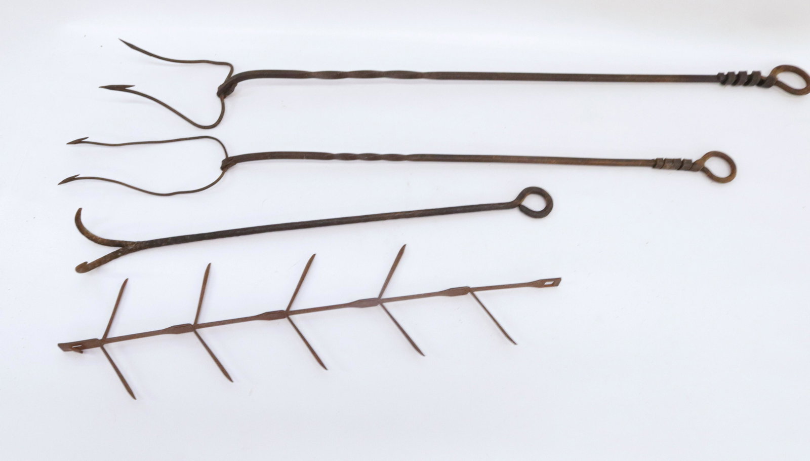 GROUP LOT OF IRON IMPLEMENTS: (4) INCLUDING: CORN DRYER, FIREPLACE RAKE AND MORE 33" L