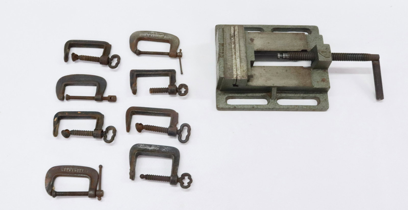 GROUP LOT OF VINTAGE CLAMPS: EIGHT CLAMPS AND VISE (TAIWAN) CLAMPS 3.25"