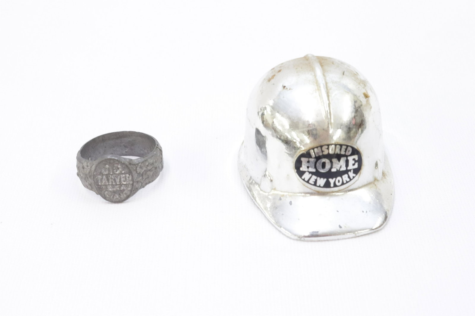 ADVERTISING OPENER AND SOUVENIR: INSURED HOME NEW YORK BOTTLE OPENER AND JC TARVER GIANT RING HAT IS 3.25" L