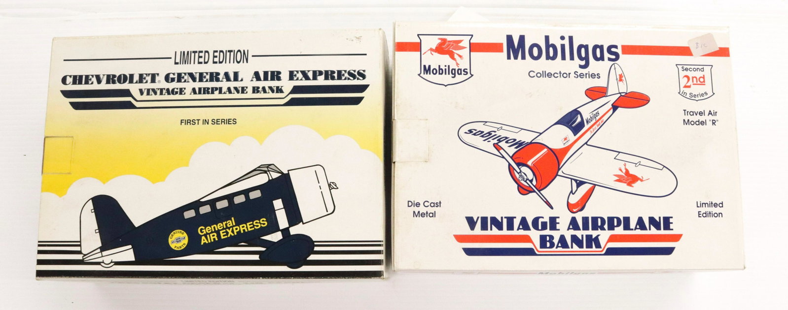 PAIR OF TOY AIRPLANE BANKS: MOBILGAS AIRPLANE BANK AND CHEVROLET GENERAL AIR EXPRESS