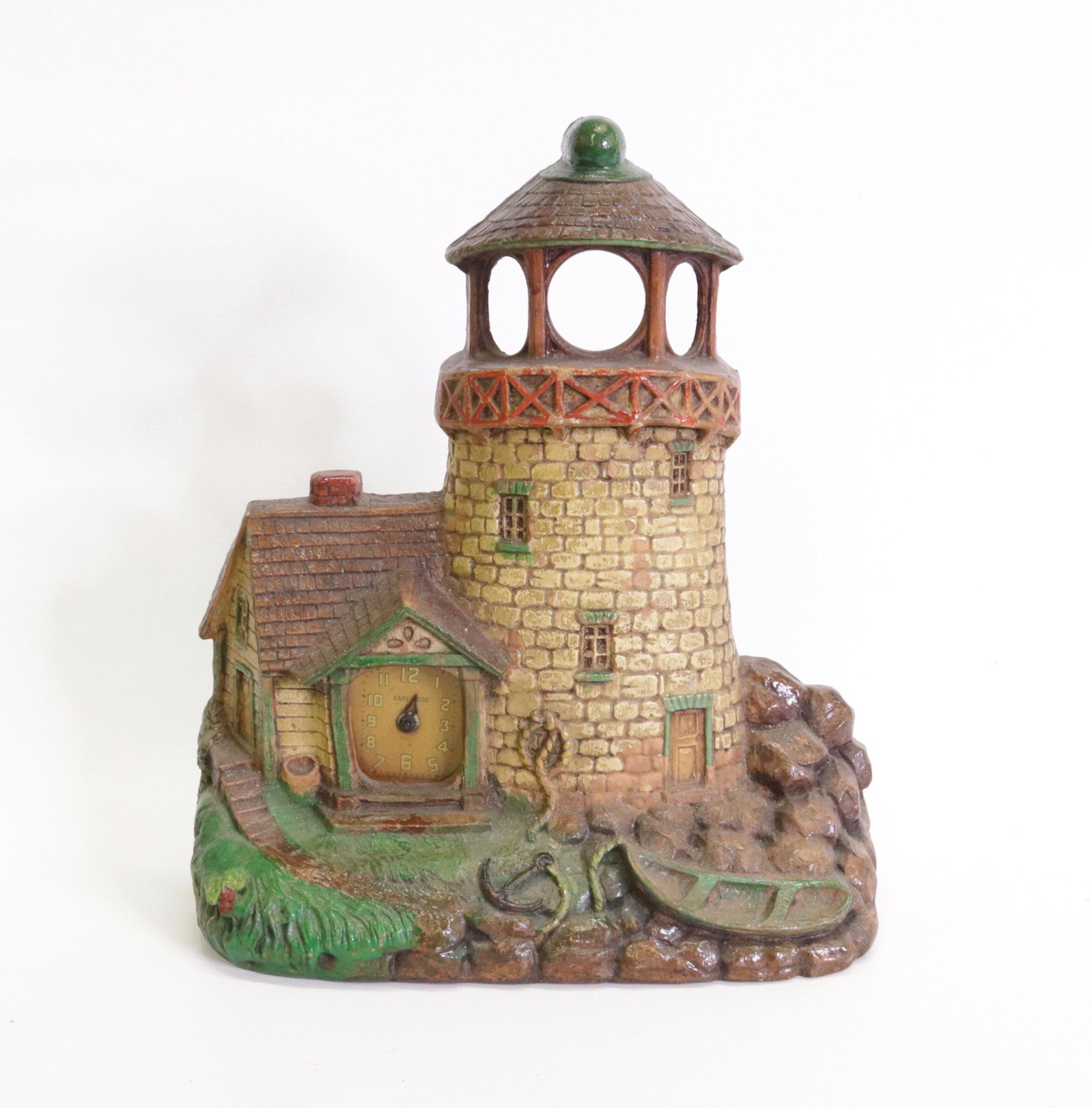 VINTAGE LUX ART CLOCK LIGHTHOUSE: CLOCK IS MRKD. CAPE COD. ORIGINAL LABEL ON BACK 11" X 9.5"