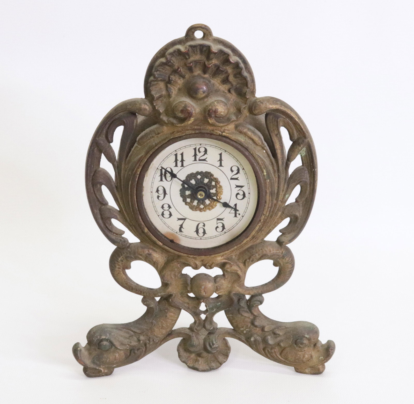 GILT BRONZE DESK CLOCK: DOLPHIN MOTIF WITH 1908 CLOCK PATD. PAPER CLOCK FACE 8.5" H