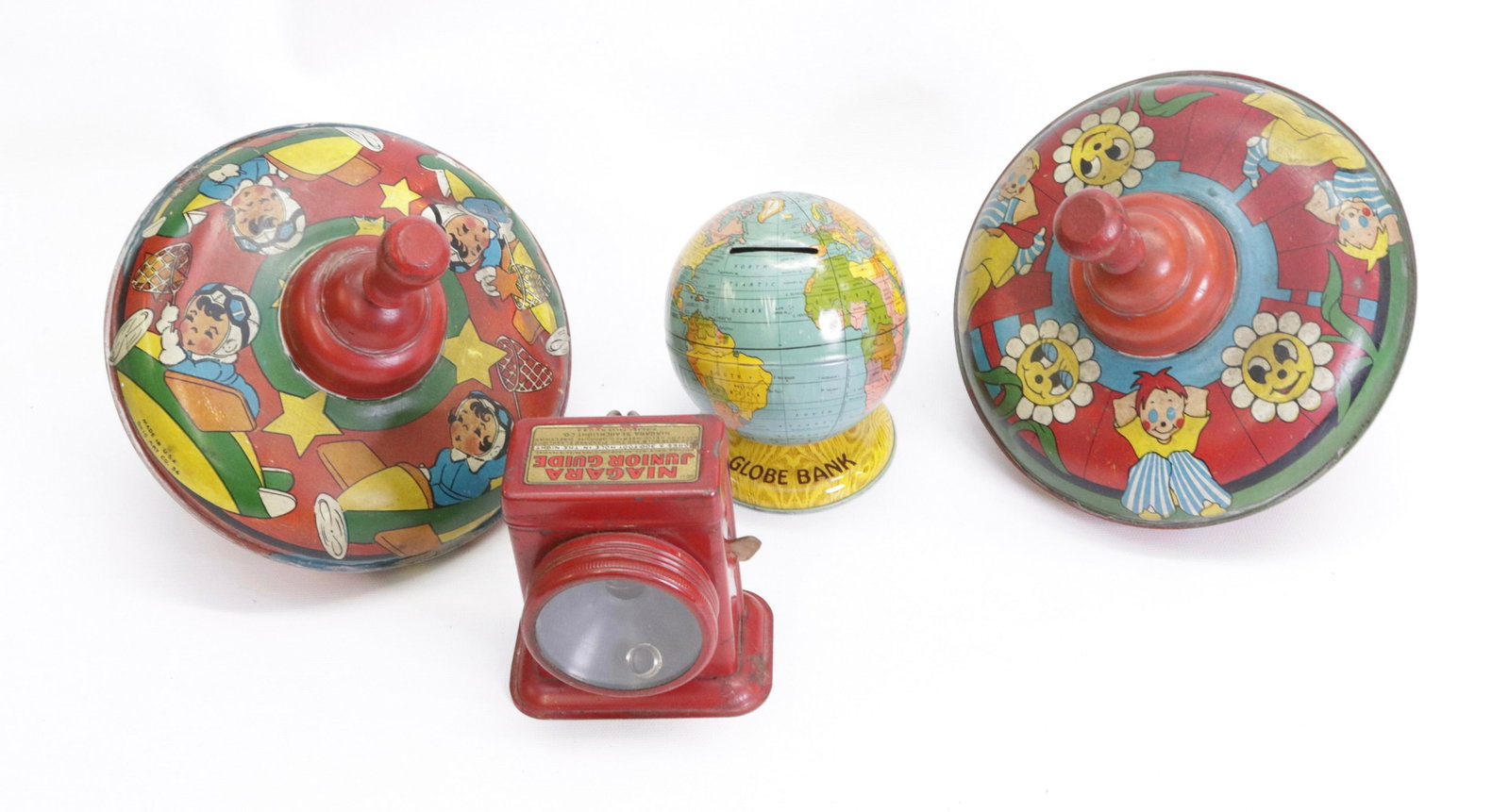 GROUP LOT OF TIN TOYS: PAIR OF TIN LITHO OHIO ART CO. TOPS, J.CHEIN GLOBE BANK AND NIAGARA JUNIOR GUIDE LIGHT TOPS DIAMETER 7"