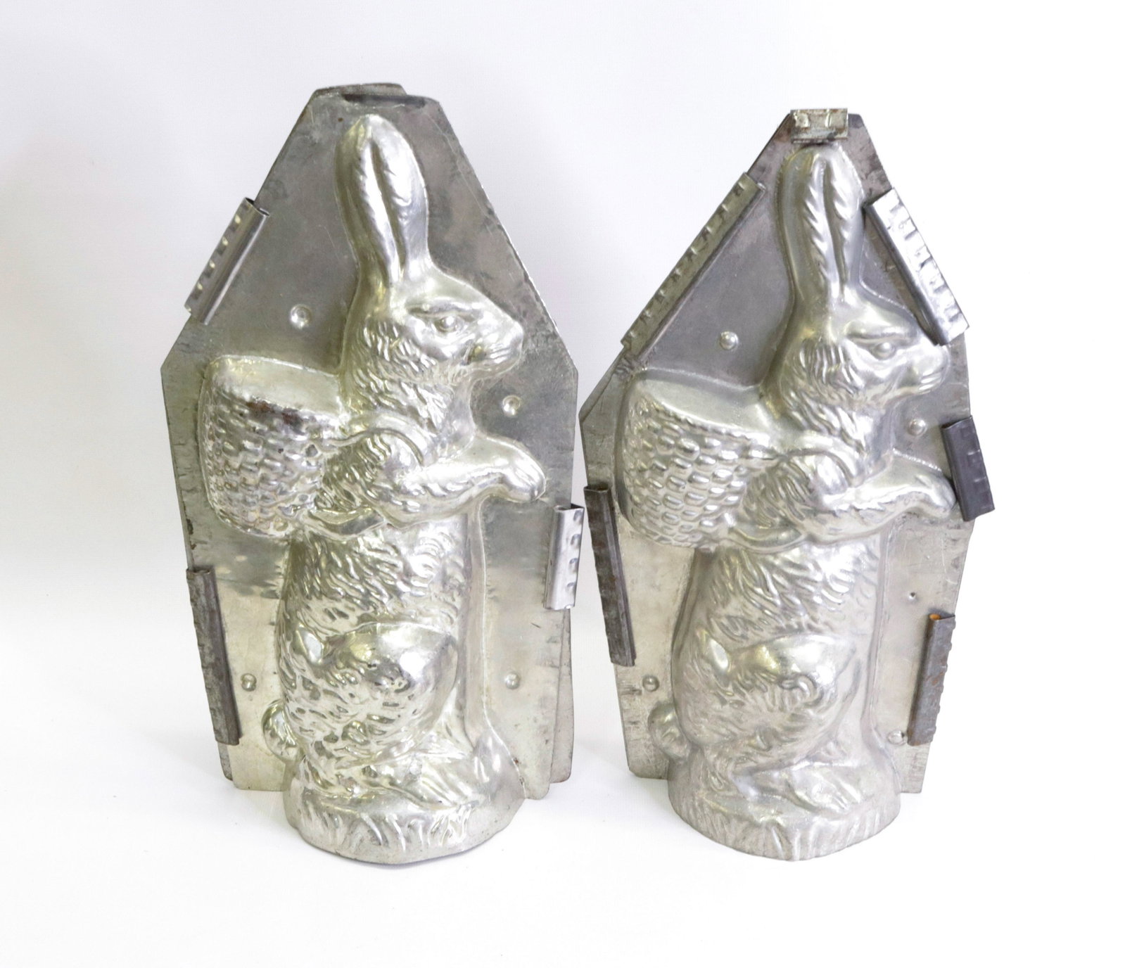 PAIR OF RABBIT CHOCOLATE MOLDS: RABBIT WITH BASKET BACKPACK. ONE IS MRKD 8046 14.75" H