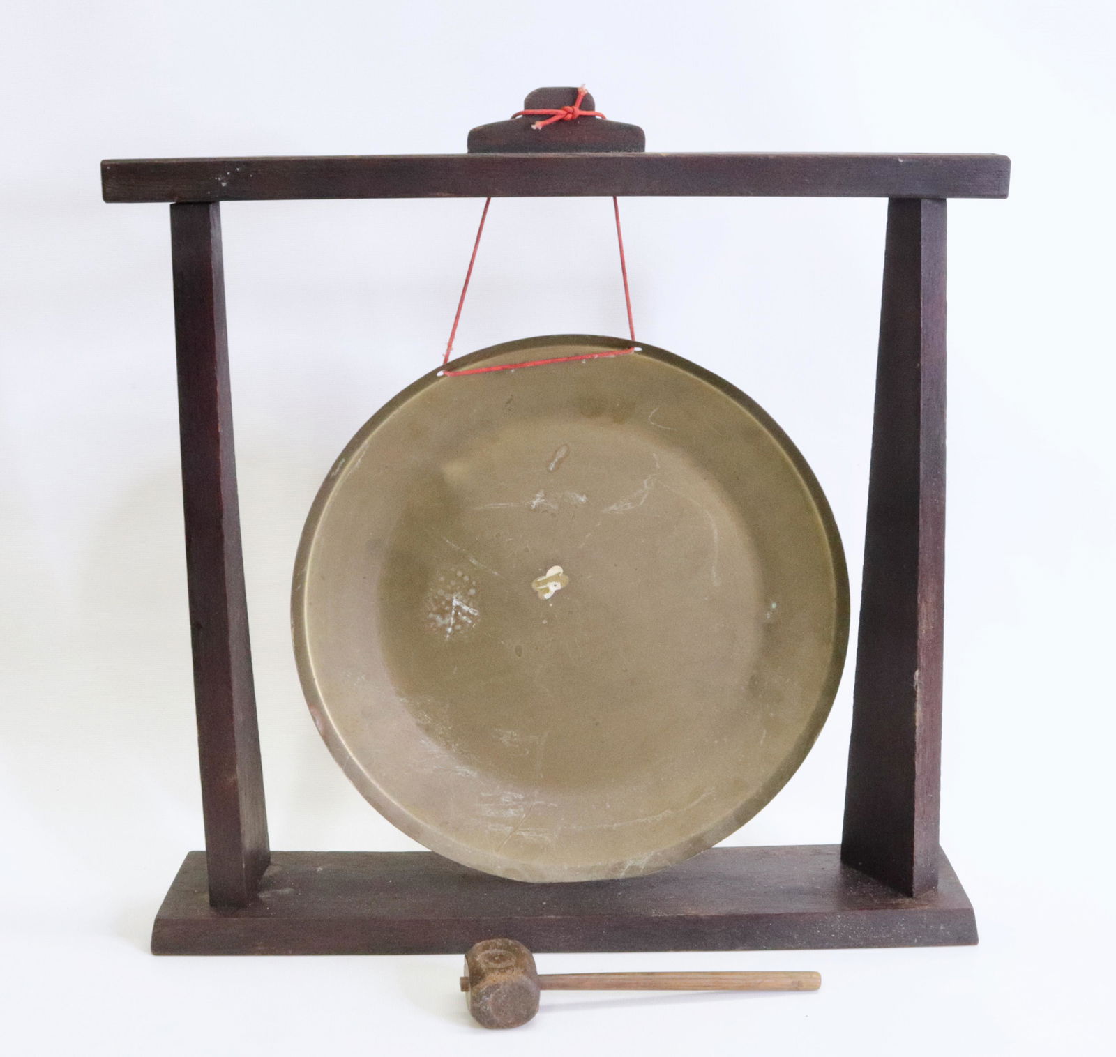 ASIAN GONG: WOOD AND DECORATED BRASS 18.25" X 17.75"
