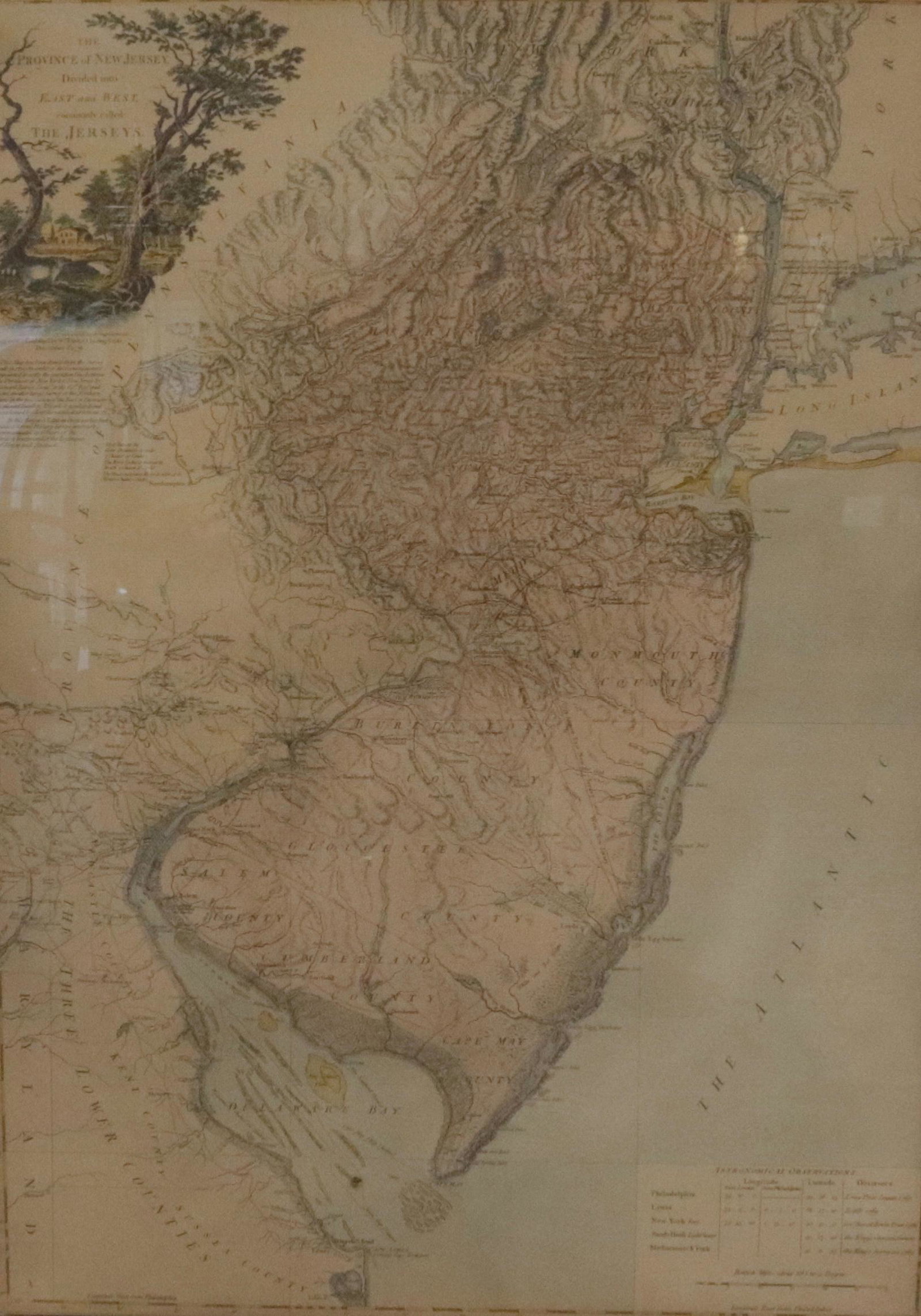 18TH C. MAP OF NEW JERSEY FACSIMILE: DATED 1778. FRAMED UNDER GLASS 37.75" X 28.5"