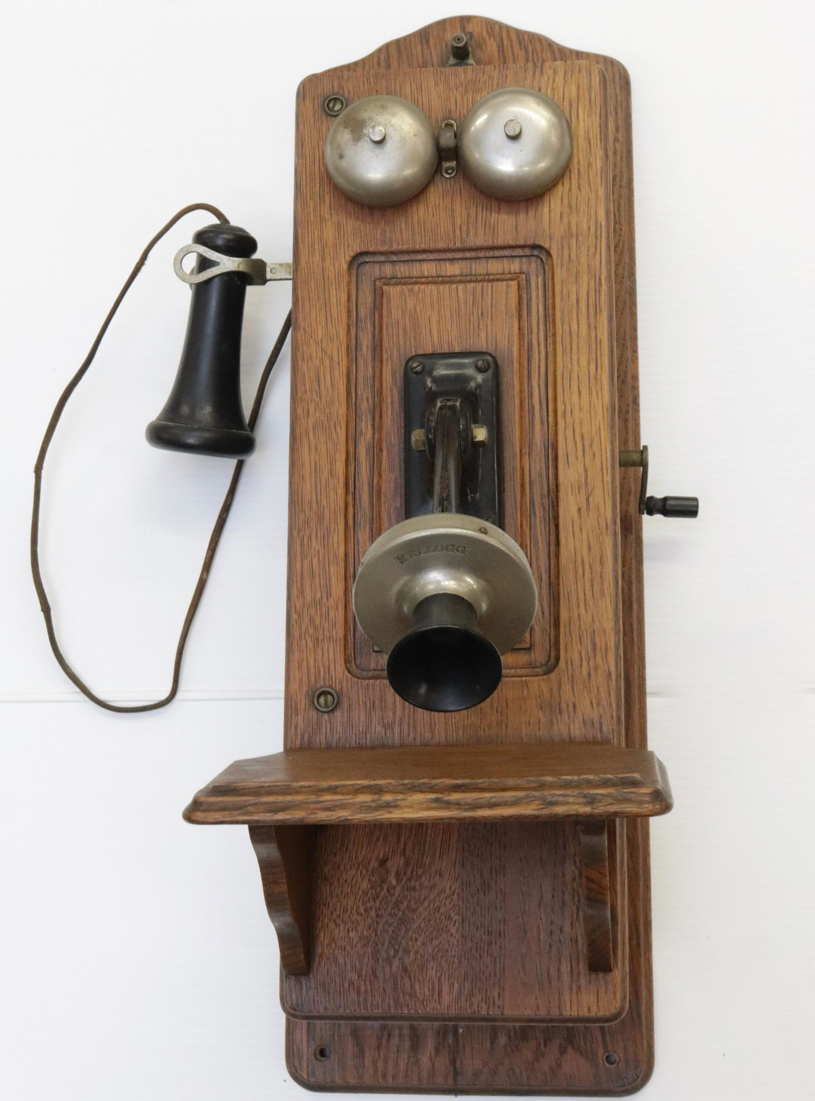ANTIQUE KELLOGG WALL MOUNT CRANK TELEPHONE: OAK CASE 26" X 8.5"