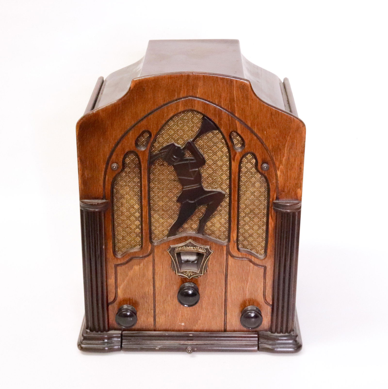 JACKSON BELL TABLE TOP RADIO: PETER PAN MODEL. STAMPED 4U ON BACK PLATE 12.25" X 9.5 X 7.25"