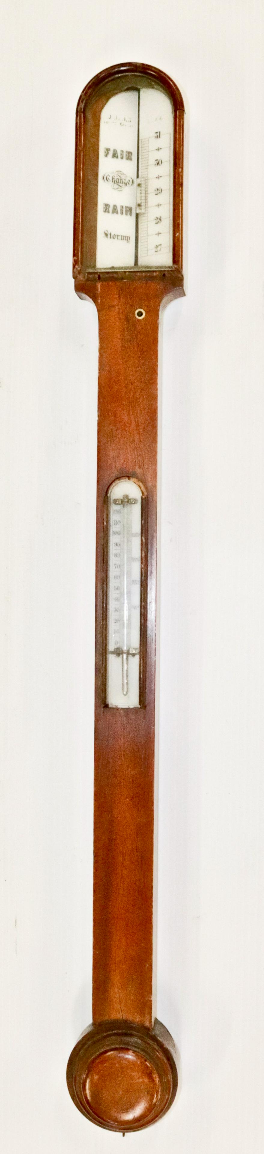 ANTIQUE BAROMETER: WOOD AND GLASS. THERMOMETER MOUNTED ON SHAFT 36" L