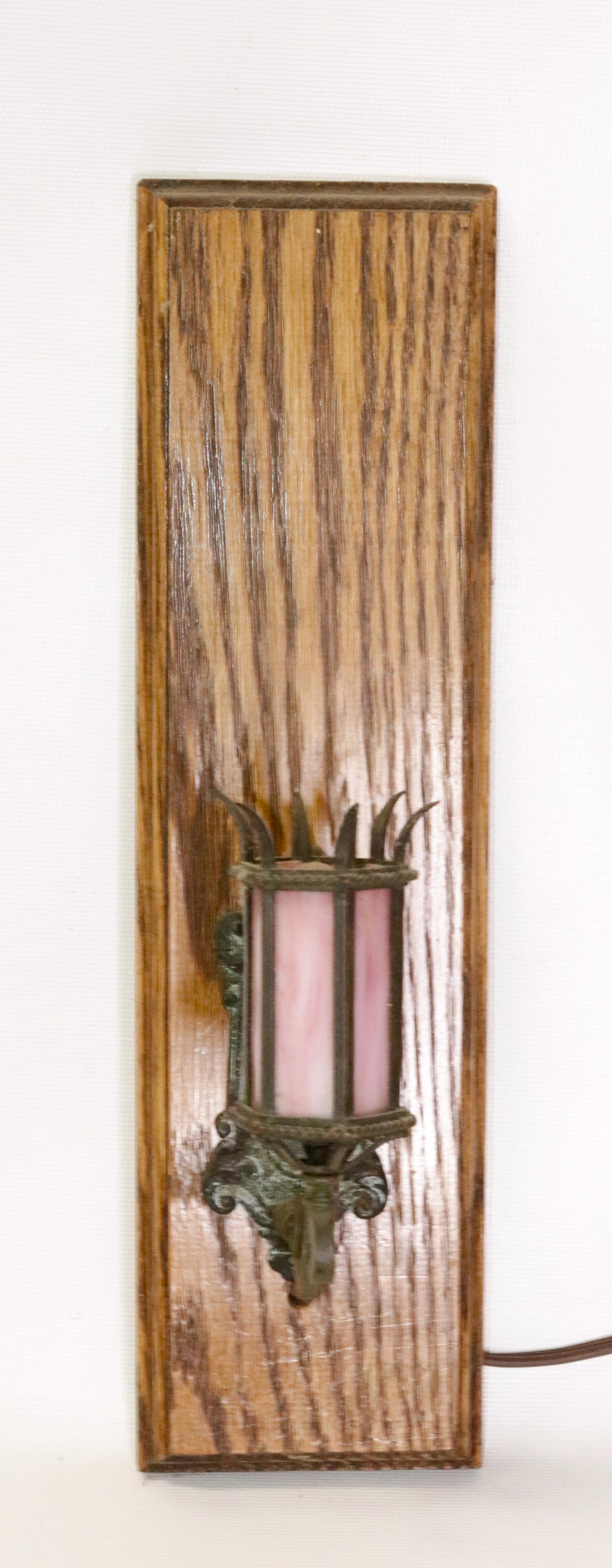 VINTAGE SLAG GLASS MINI WALL SCONCE: MOUNTED ON WOOD BACKING SCONCE MEASURES 4.5" L