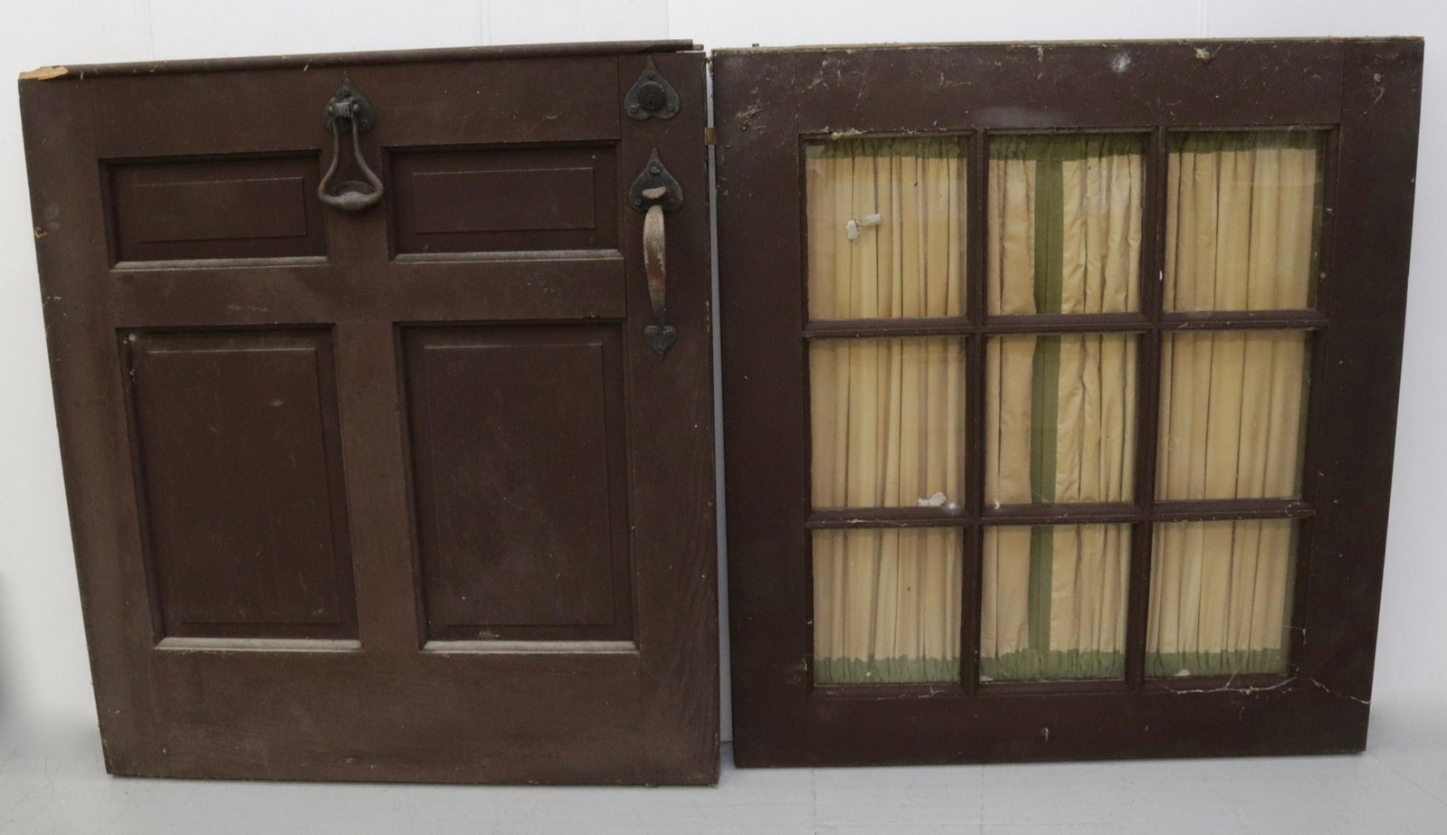 PAINTED DUTCH DOOR: BROWN PAINTED WOOD, NINE GLASS PANES, IRON HARDWARE WITH DOOR KNOCKER 81" X 36"