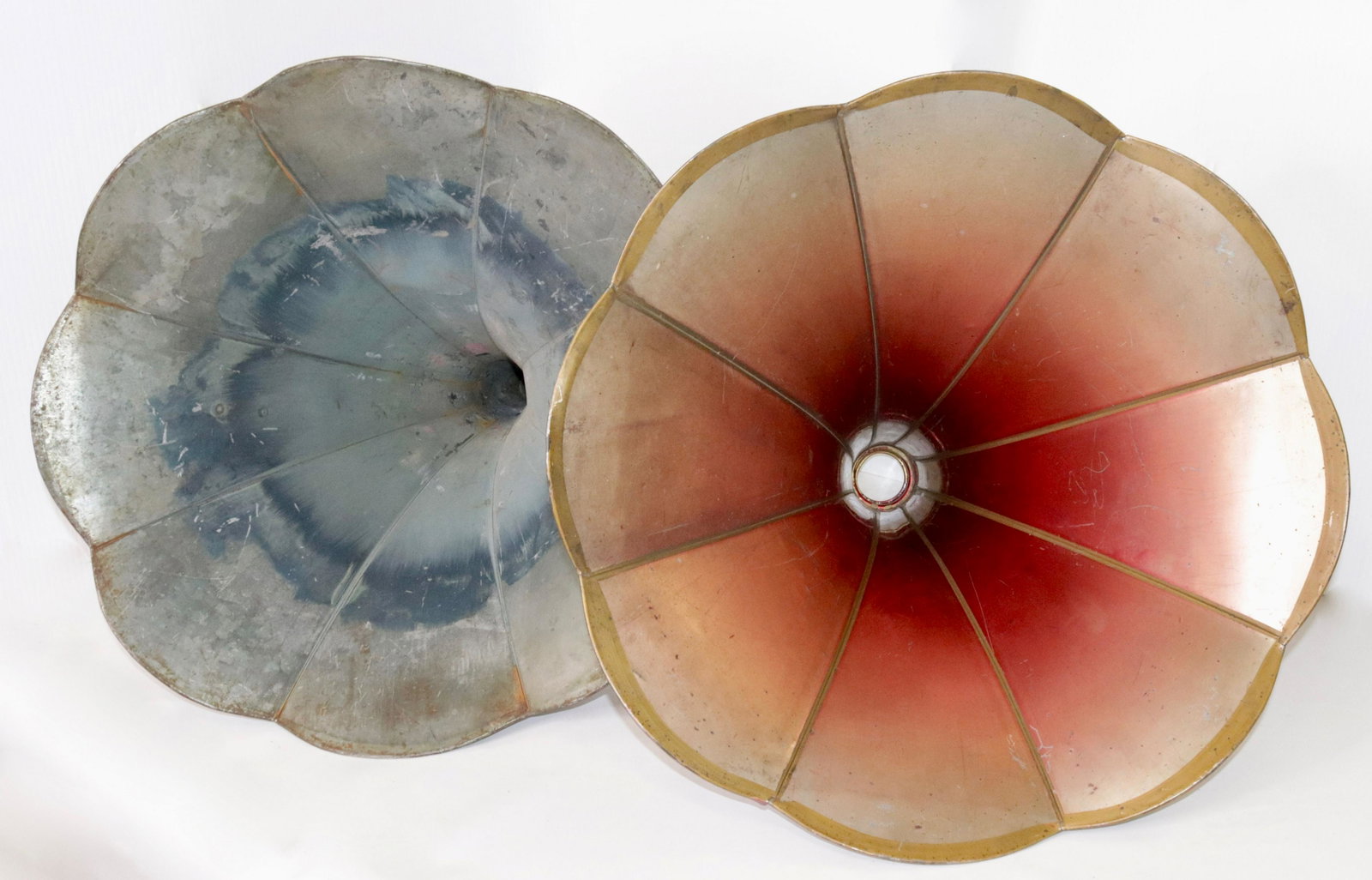 PAIR OF TIN PHONOGRAPH HORNS: PAINTED EIGHT PANELS 19" X 18.5" (RED) AND 25.5" X 19" (BLUE)