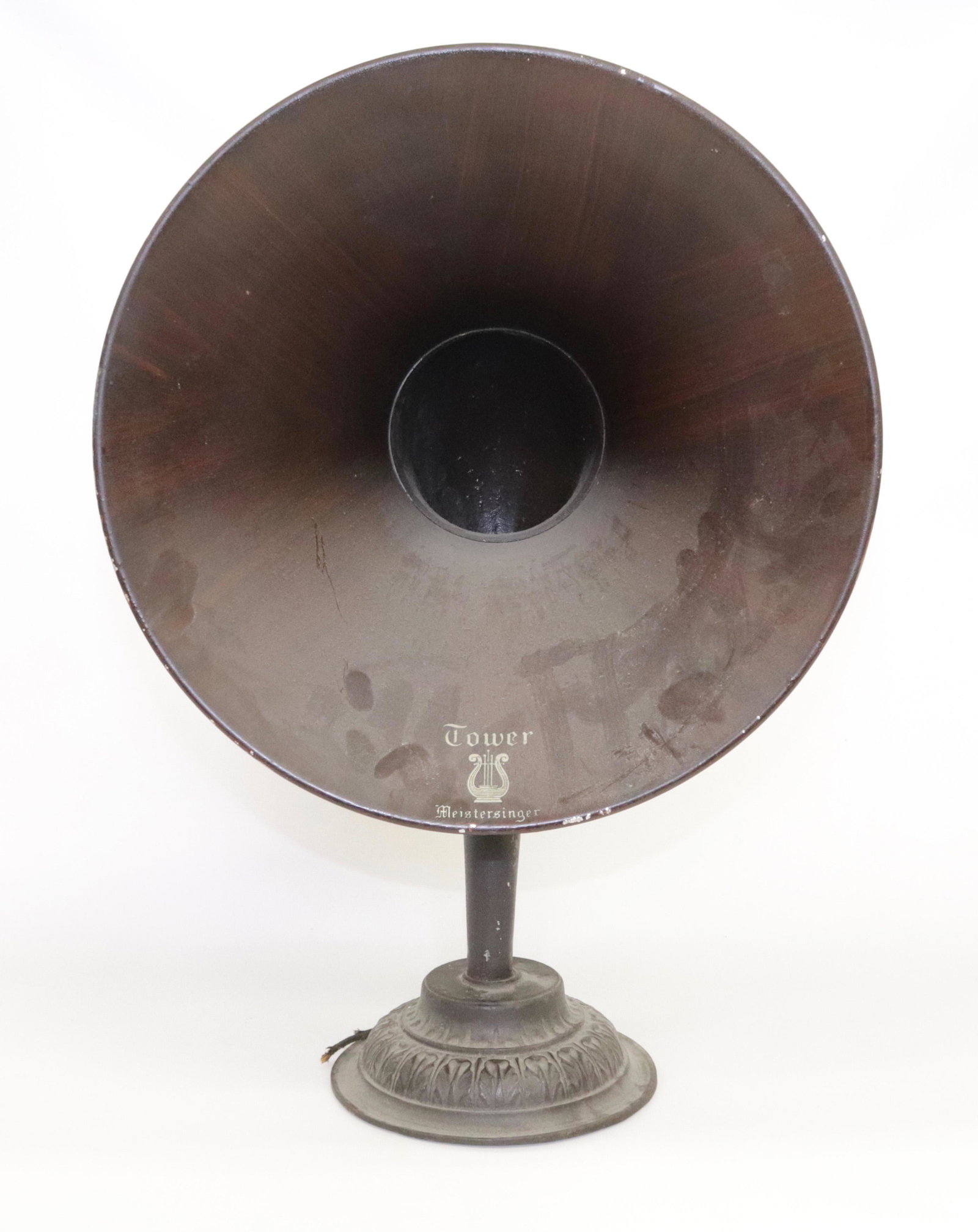 TOWER MEISTERSINGER RADIO HORN SPEAKER: PAINTED METAL HORN WITH DECAL 14" D X 21" H