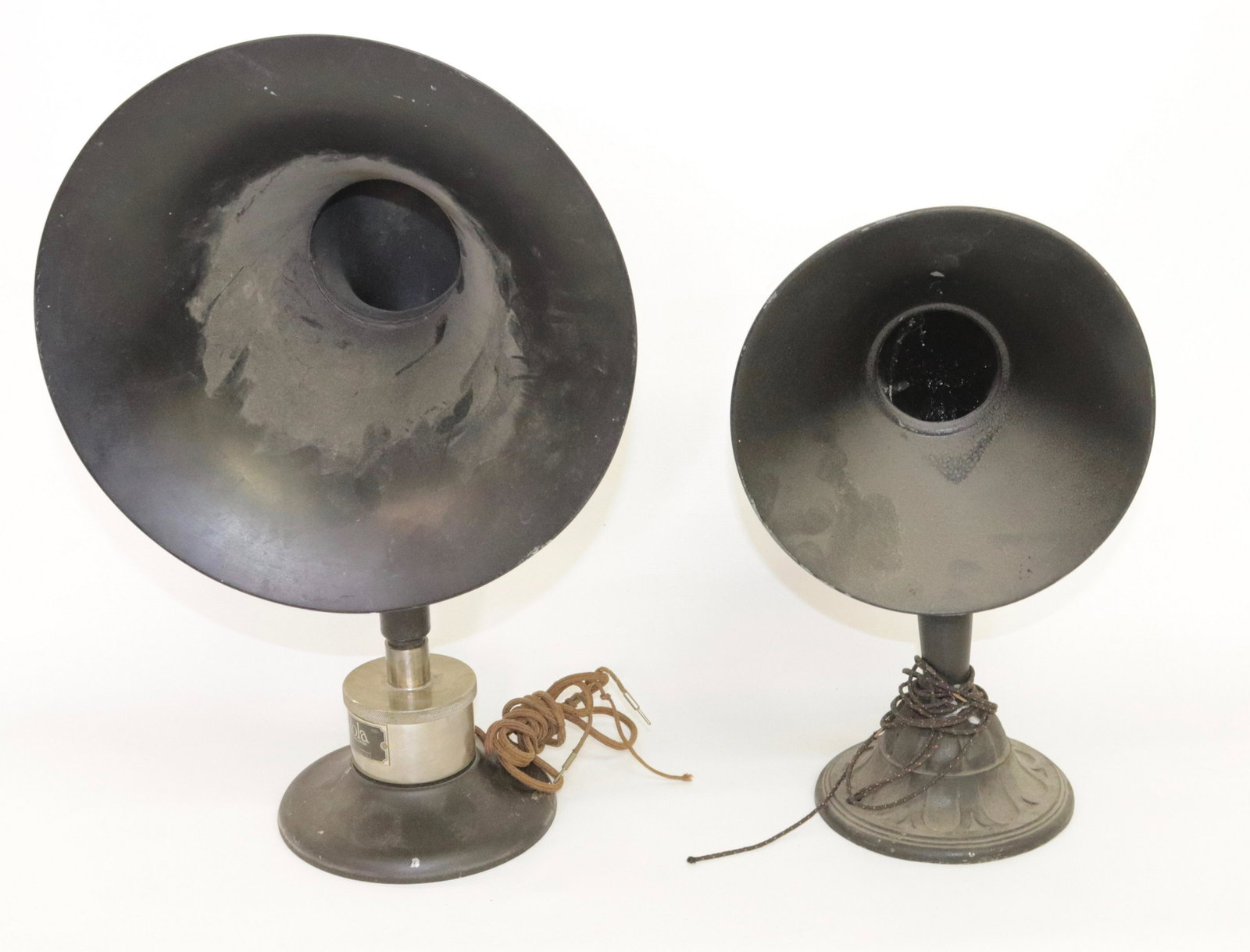 (2) RADIO HORN SPEAKERS: THE LARGER MRKD. "THE ROLA, RE-CREATOR". SMALLER IS UNMARKED. 11.75" X 19.5" H AND 8.75" X 15.25"