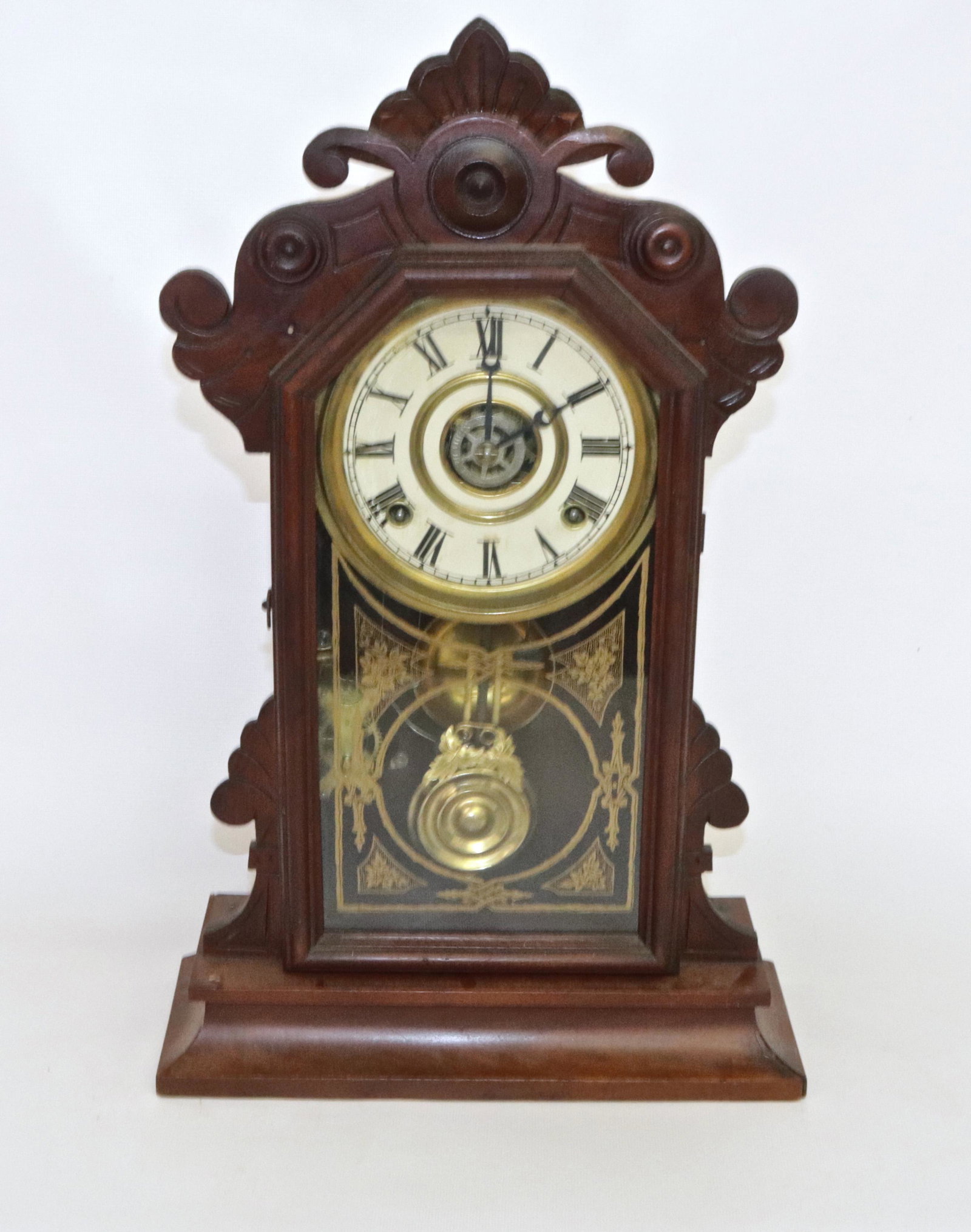 VICTORIAN SHELF CLOCK: OPEN ESCAPEMENT WITH CHIME. PENDULUM AND KEY 19.5" X 12" X 4.5"